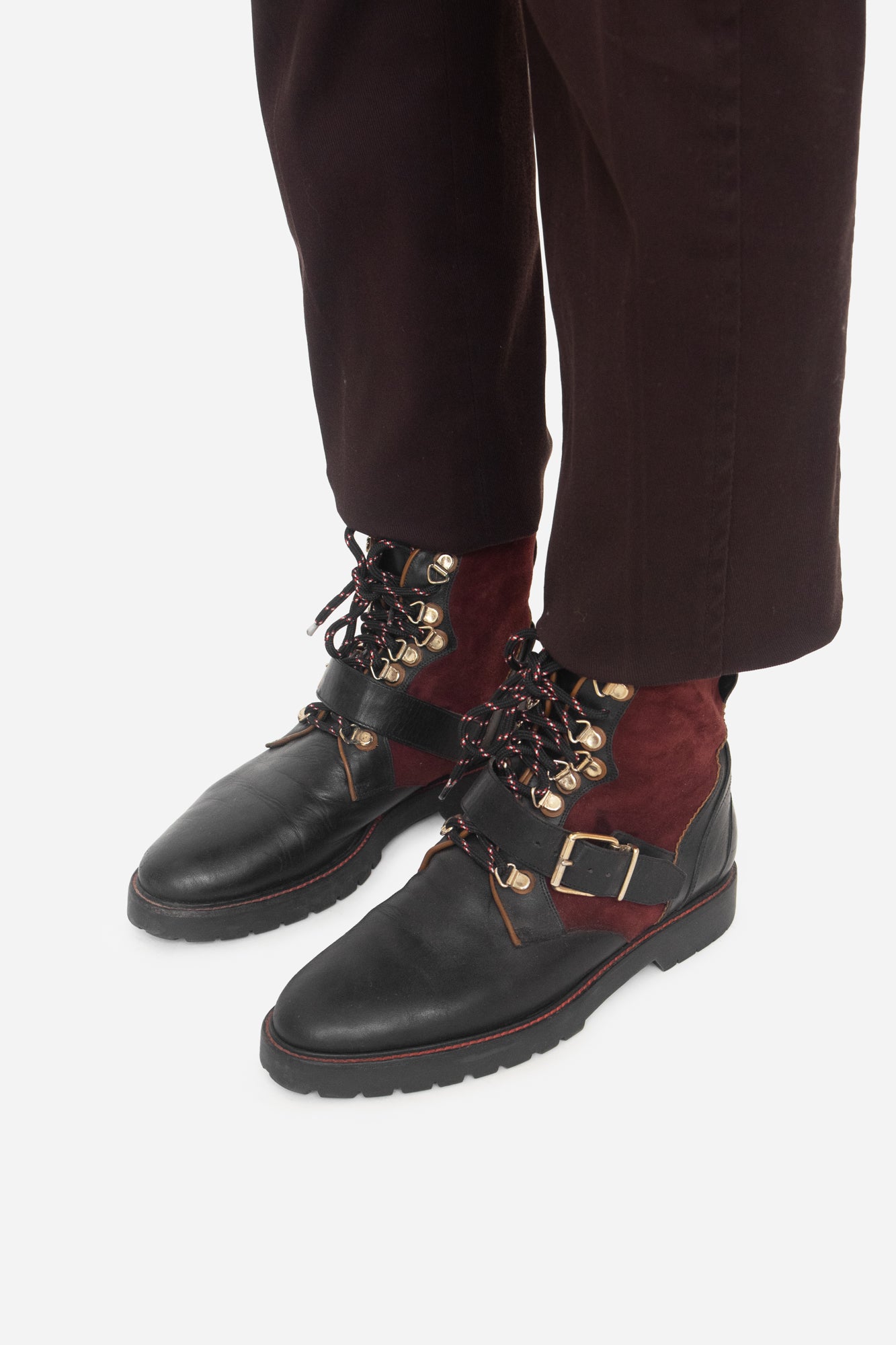 Burgundy Leather Color block Pattern Combat Boots suede/ leather