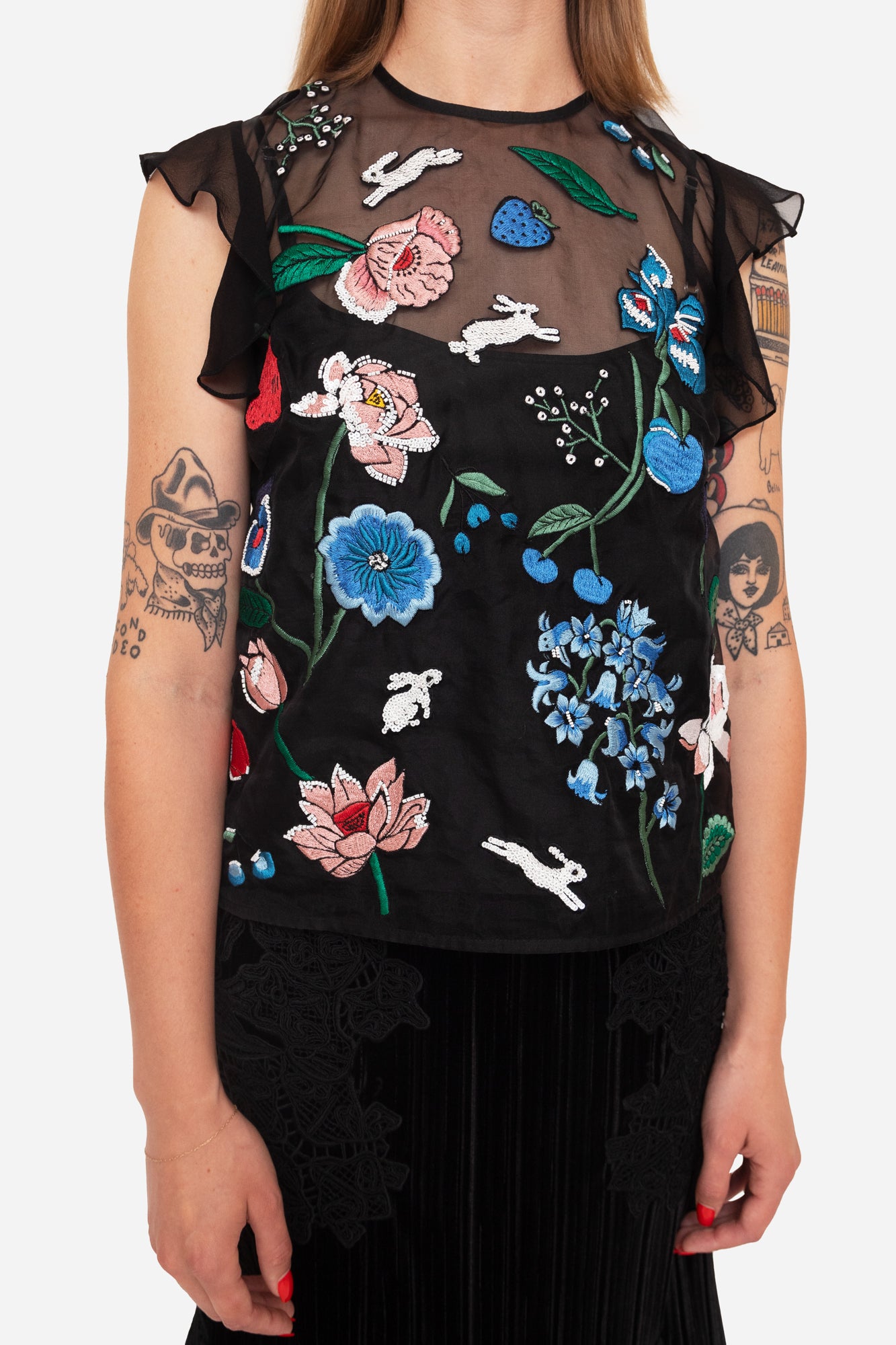 Mesh Short-sleeves with Under Tank and Floral Patches