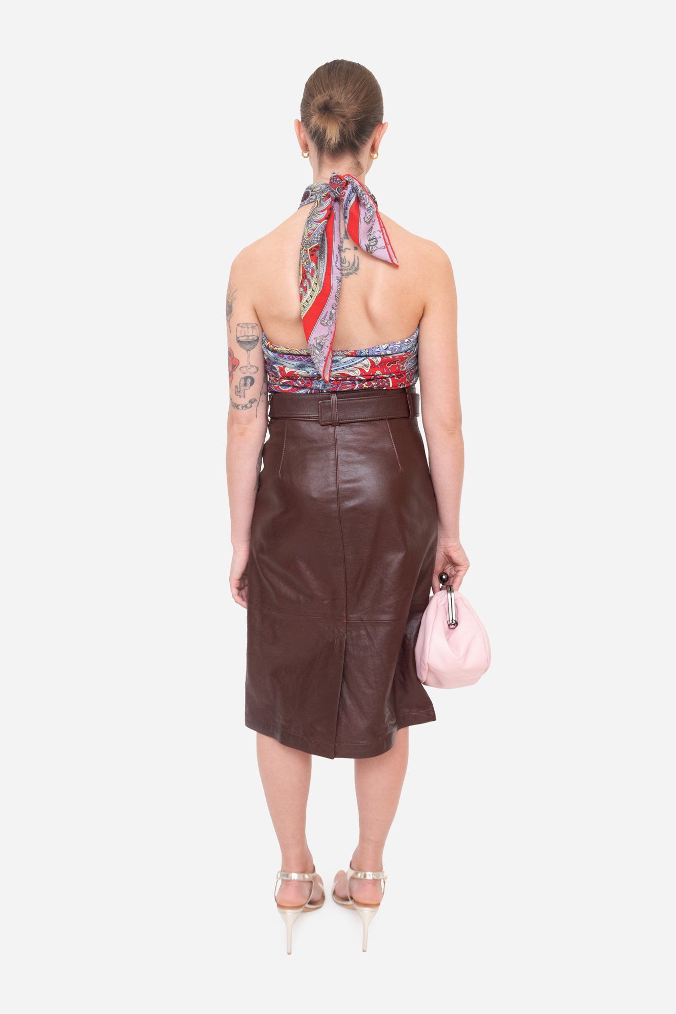 Snap Front Brown Leather Skirt