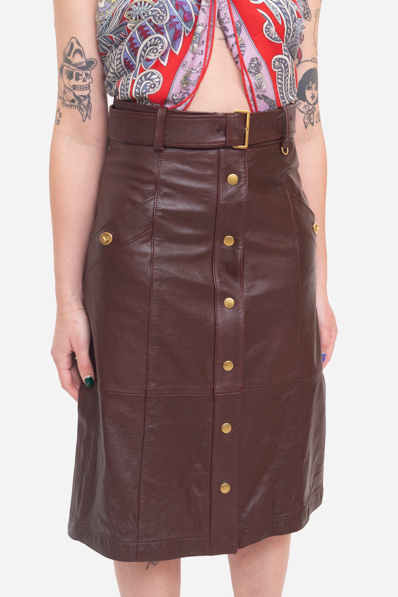 Snap Front Brown Leather Skirt