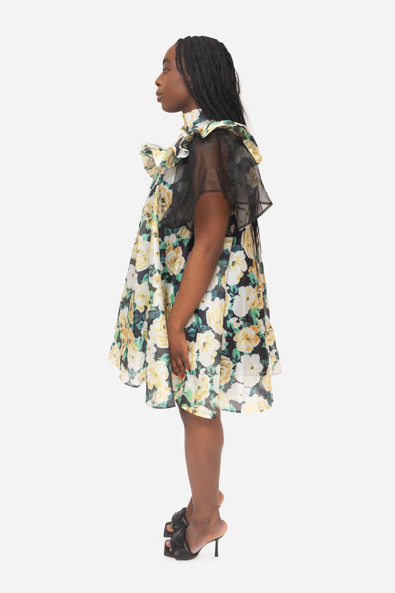 Organza Sleeve Floral Mini Smock Dress