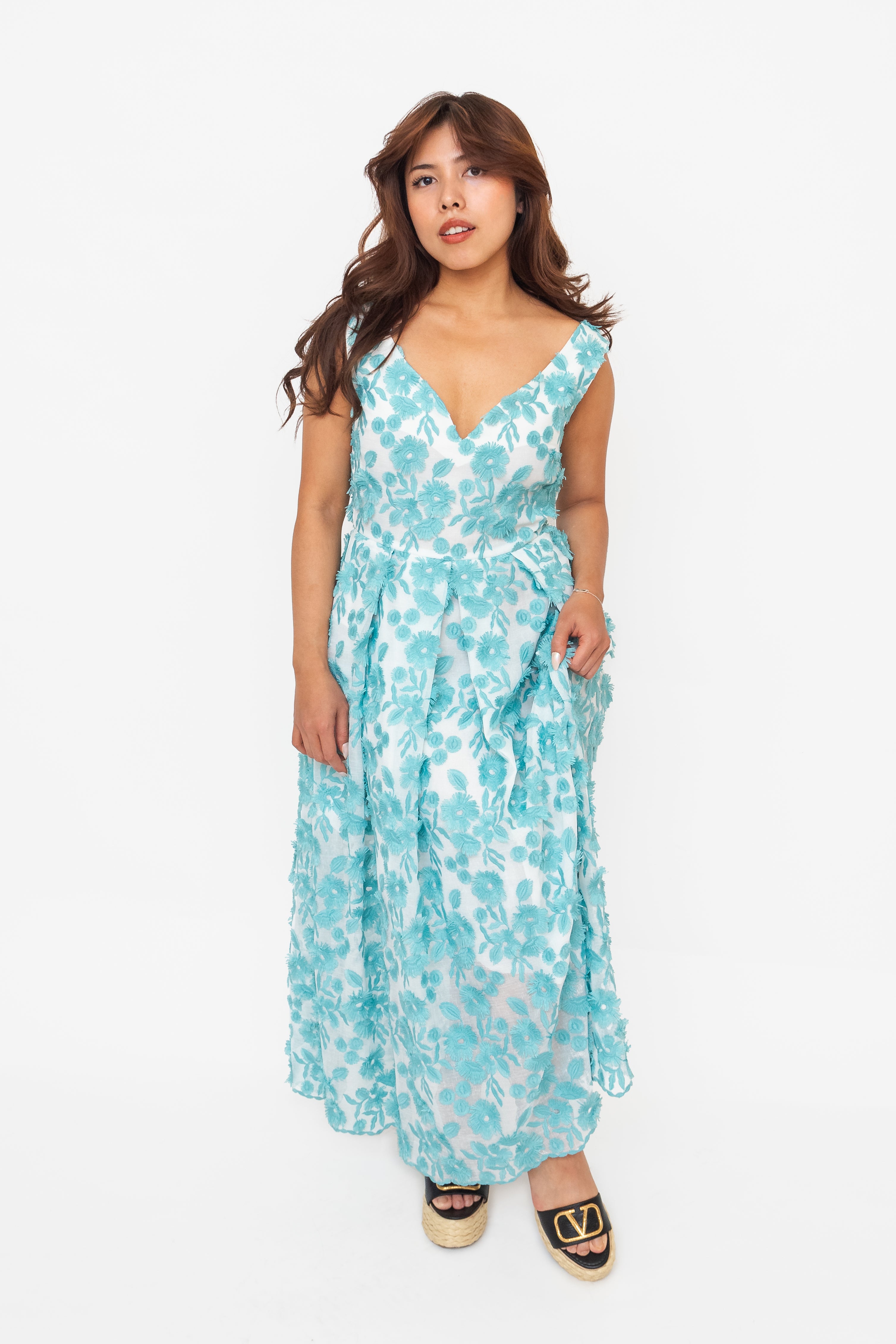 Blue Floral Applique A-line Dress