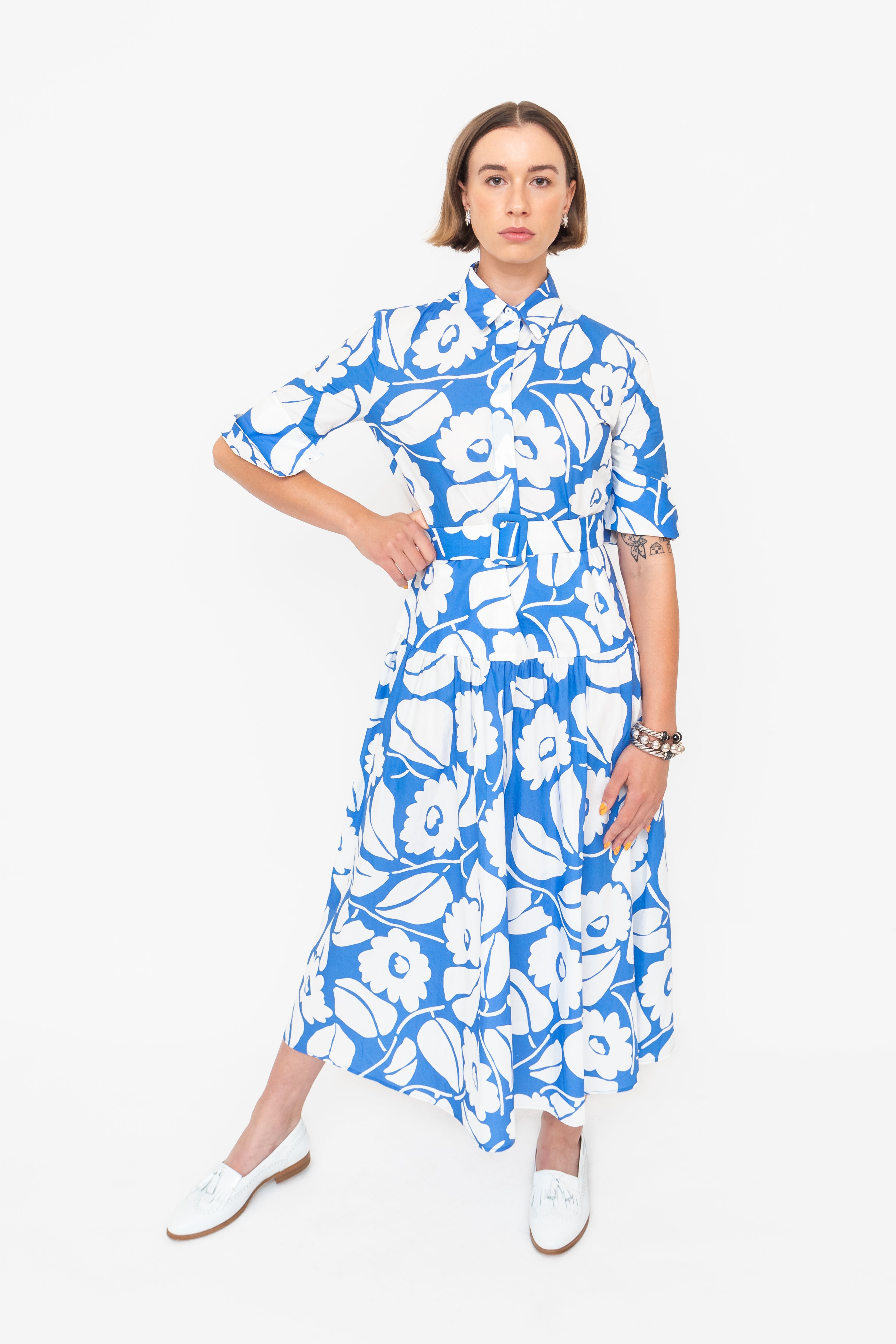 Blue and White Printed Belted Midi Dress