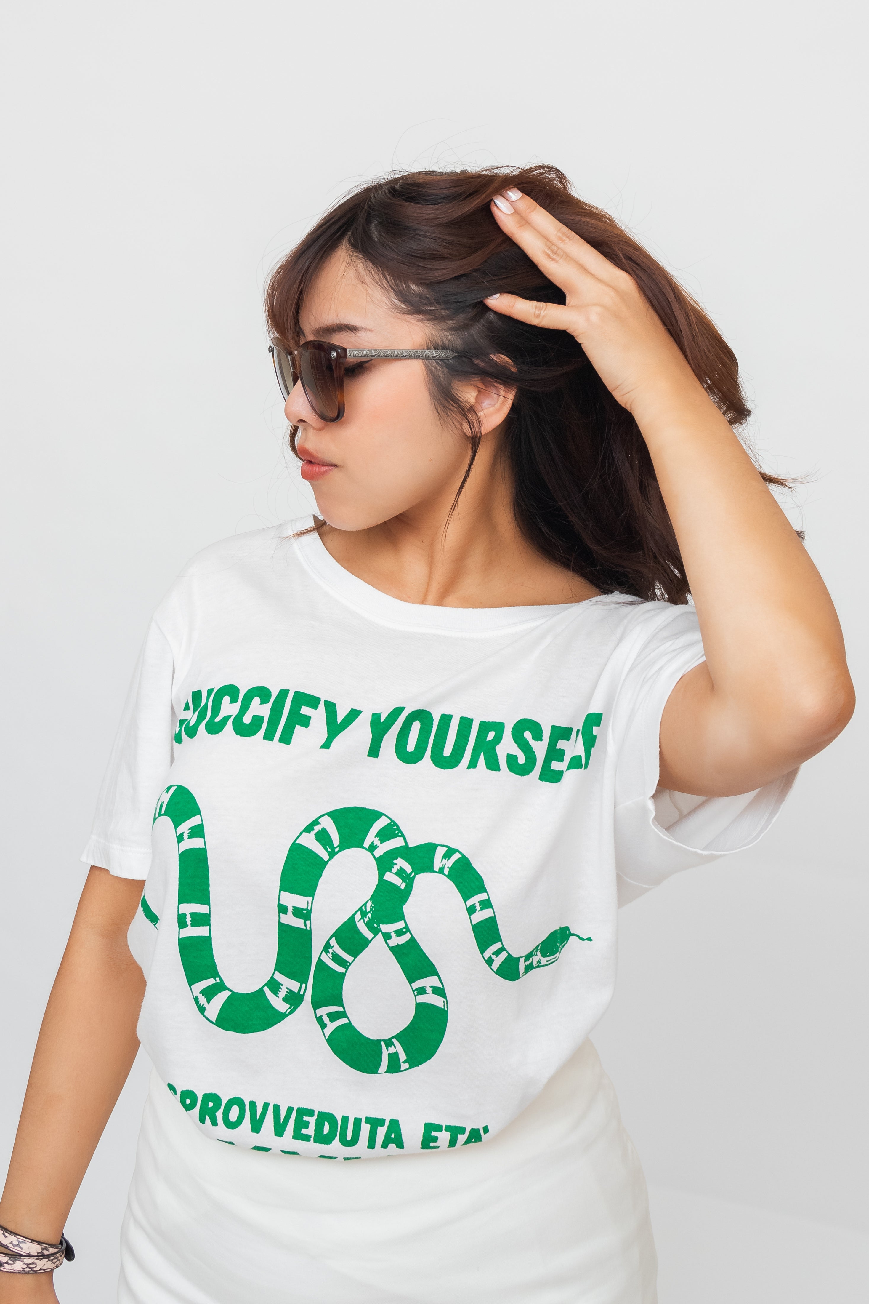 White and Green Guccify Yourself Printed Crew Neck T-Shirt