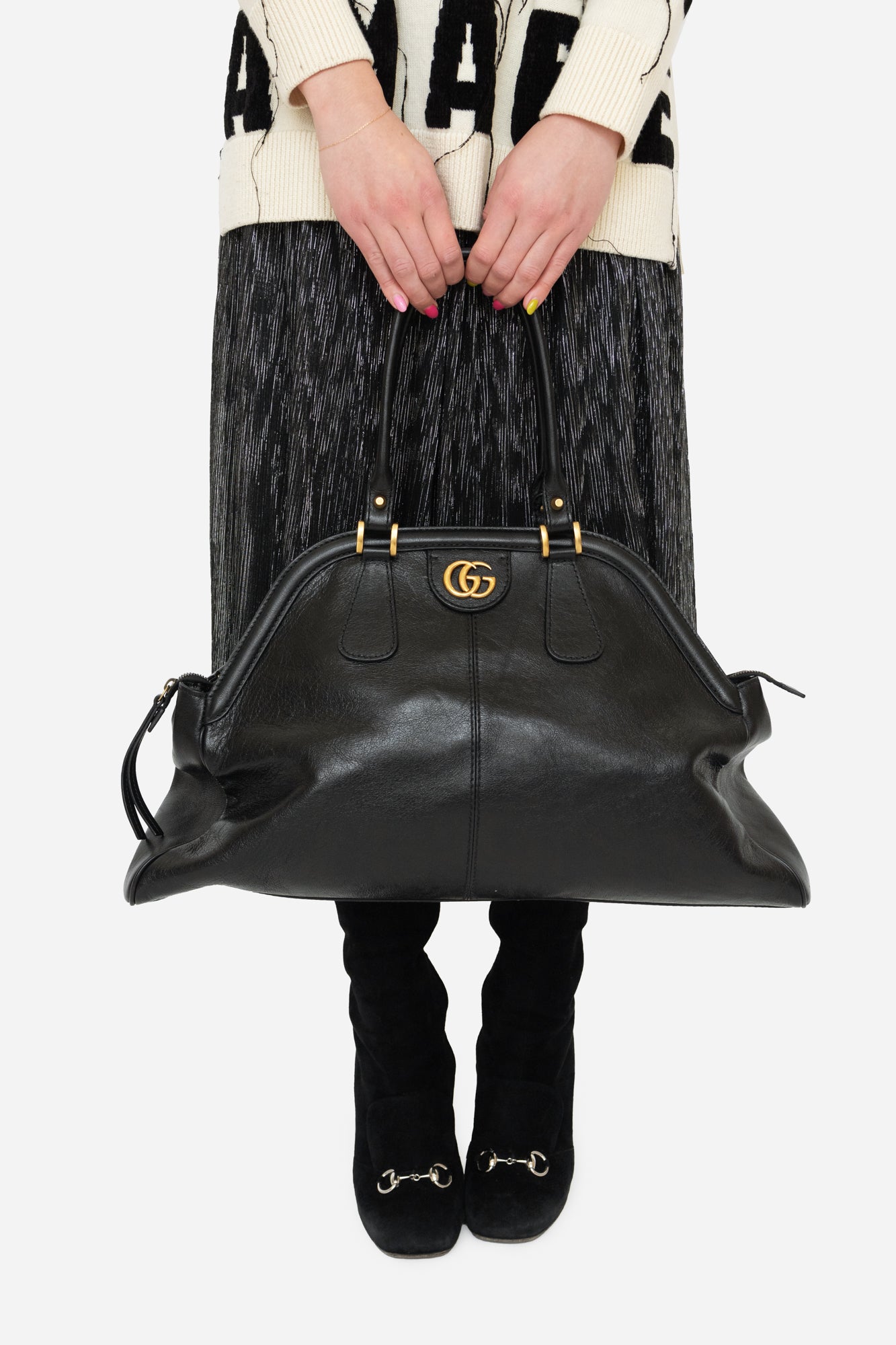 Black Leather GG Large Rebelle Top Handle Bag