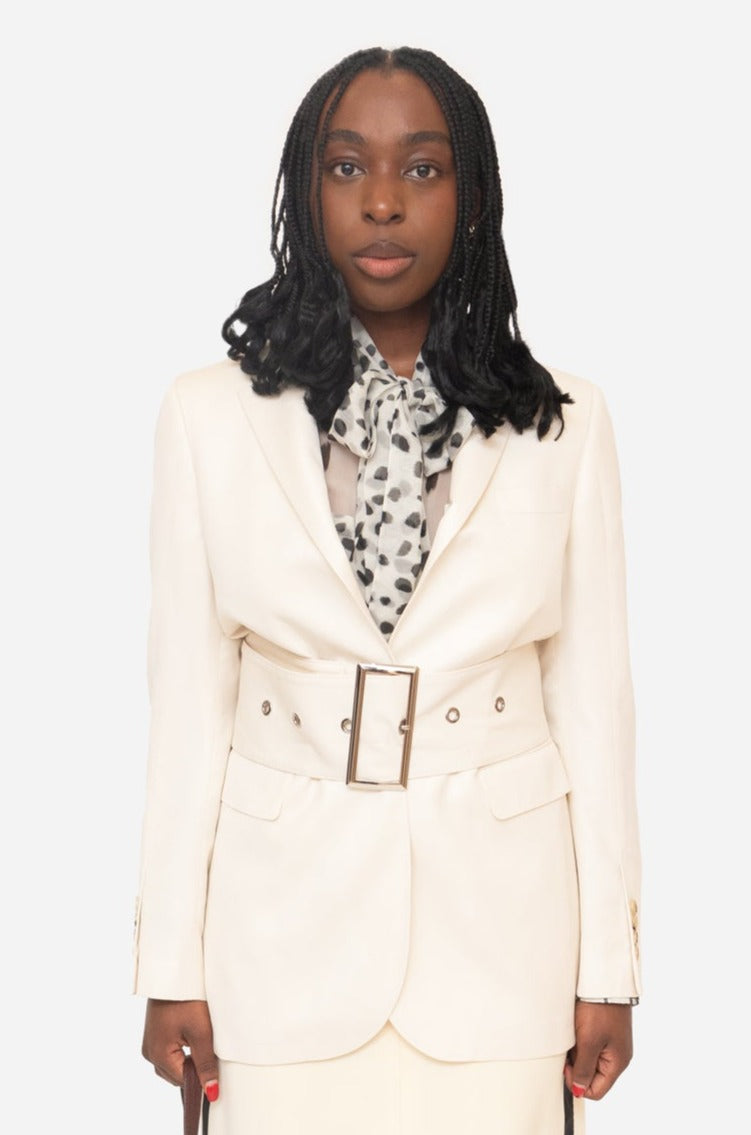 Creme Oversized Belted Wool Blazer