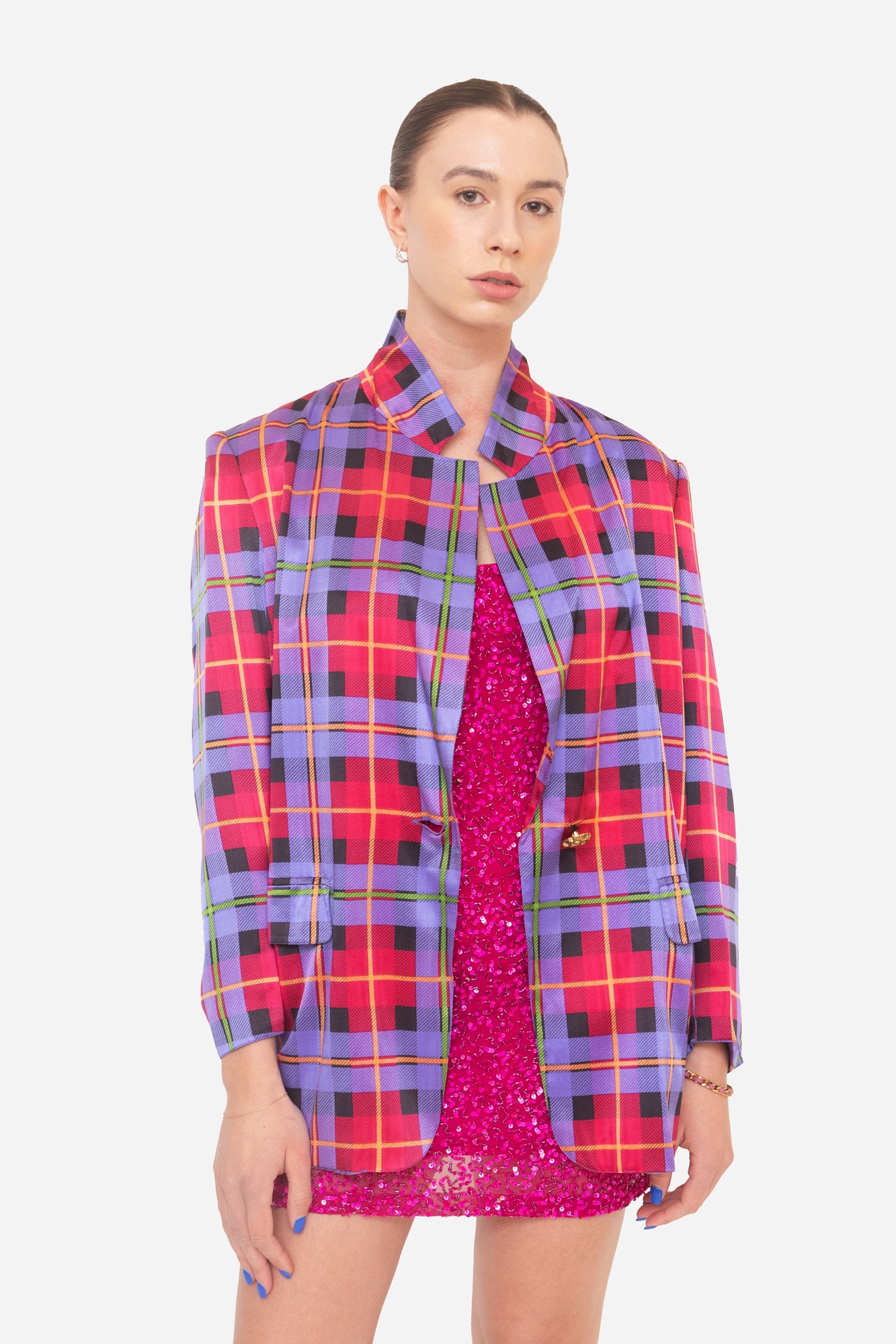 Pink And Purple Plaid Silk Blazer Jacket