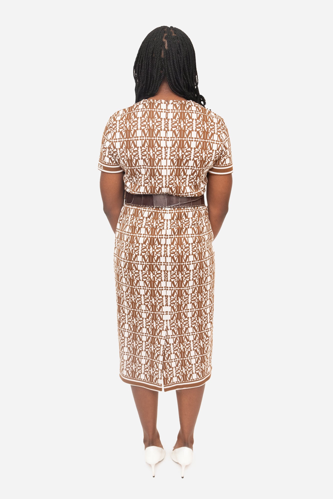 White & Brown Miram Monogram Print Dress