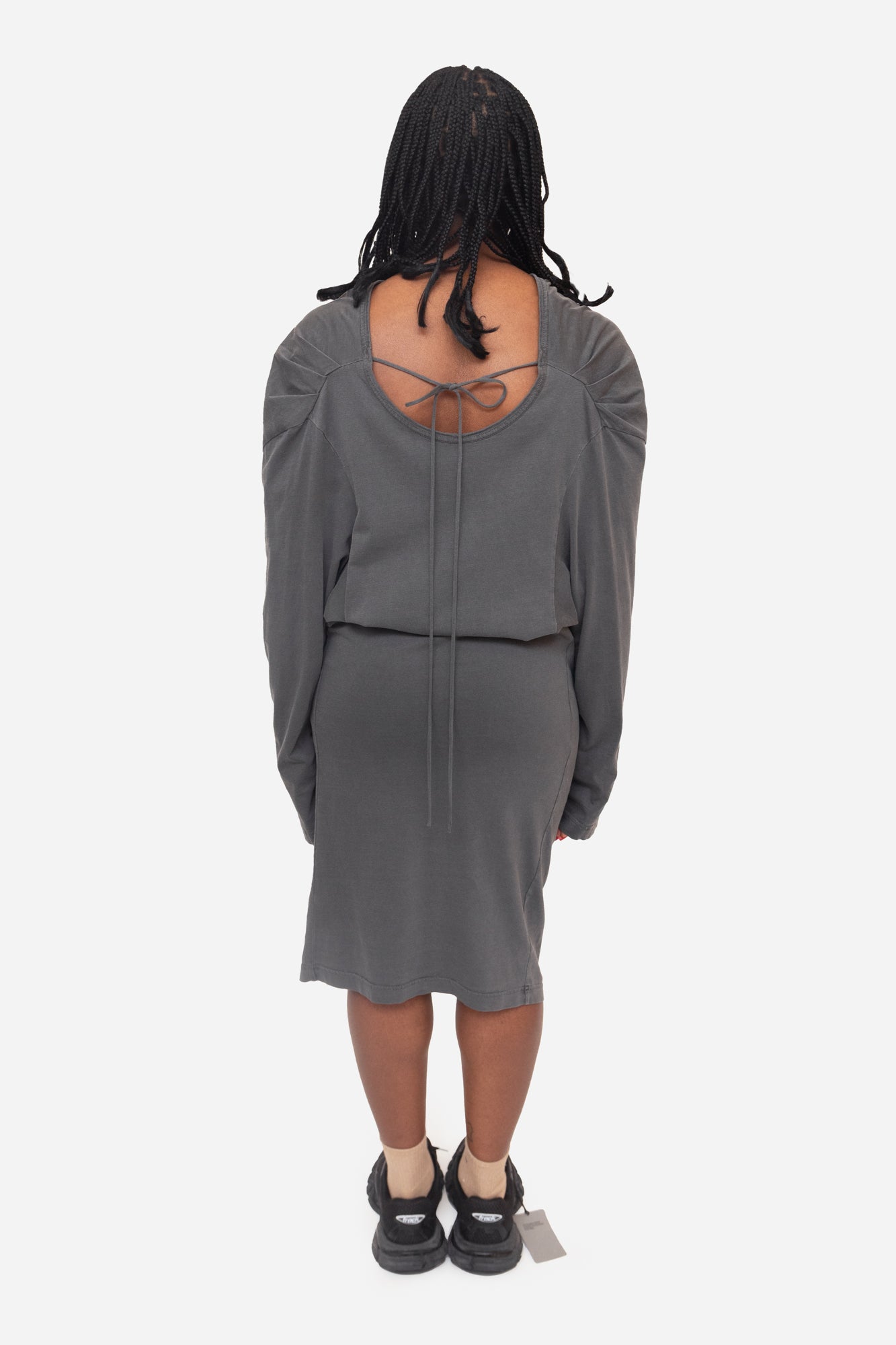 Grey Long Sleeve Dress Slouchy Tie Back