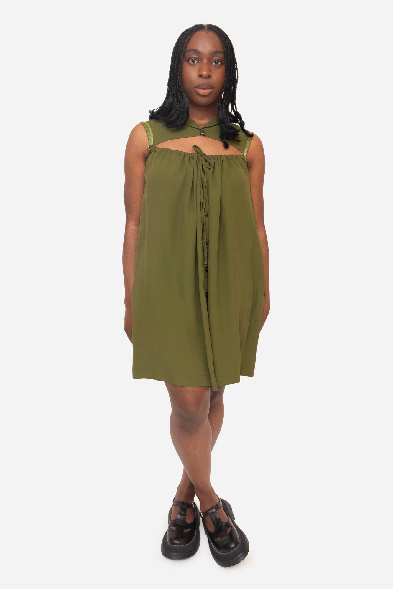 Green button up dress with chest cut out