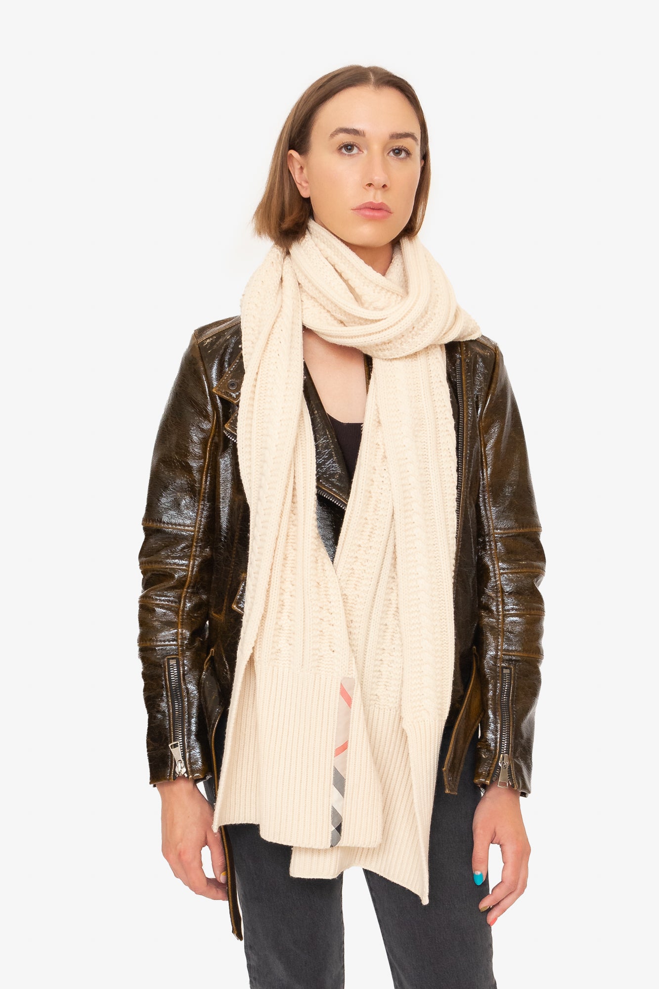 Cream Cable Scarf with Check Detail