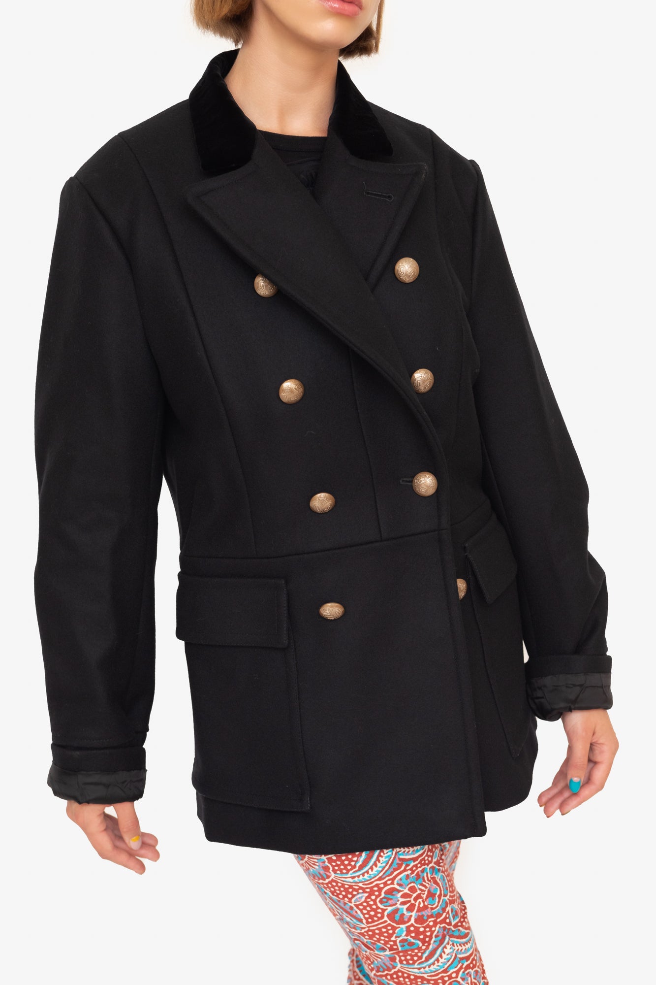 Black Wool Mid Military Coat