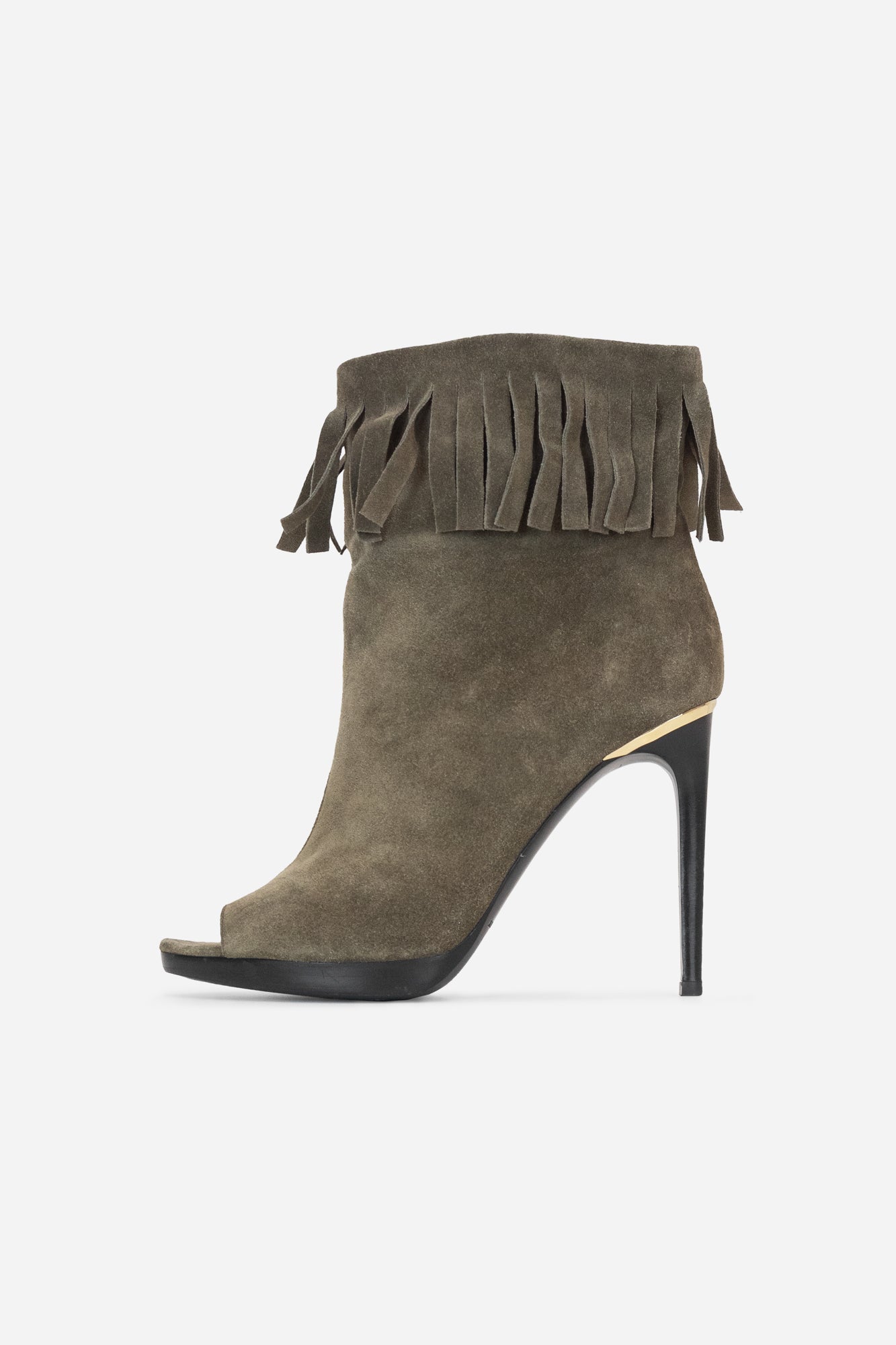 Khaki Suede Fringed Open-Toe Booties
