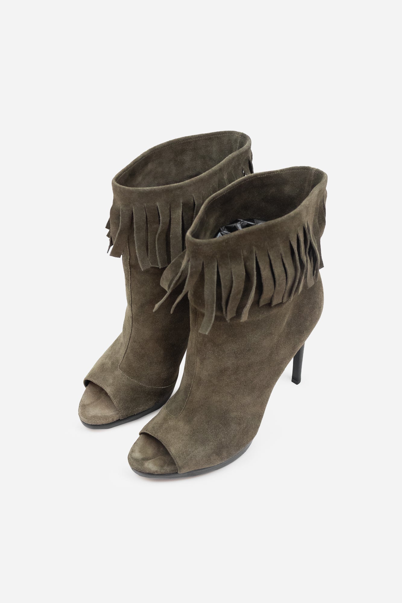 Khaki Suede Fringed Open-Toe Booties