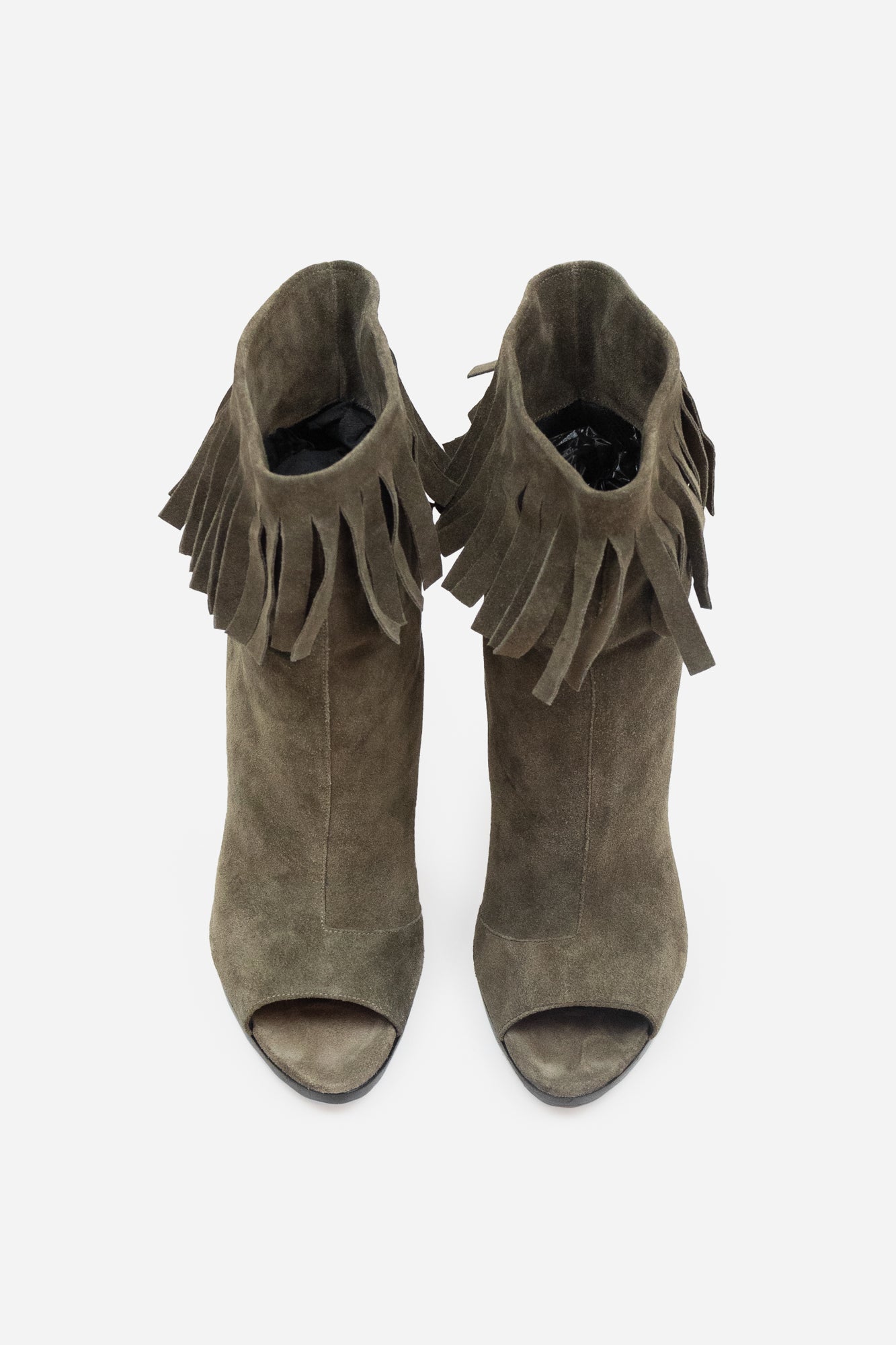 Khaki Suede Fringed Open-Toe Booties