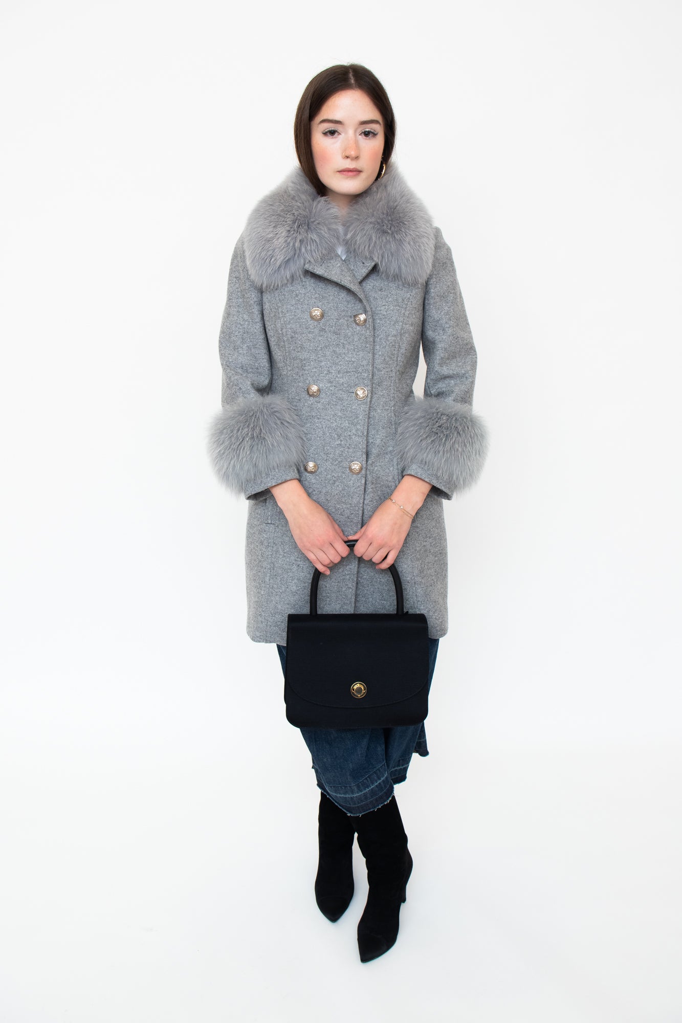 Grey Wool + Fur Peacoat