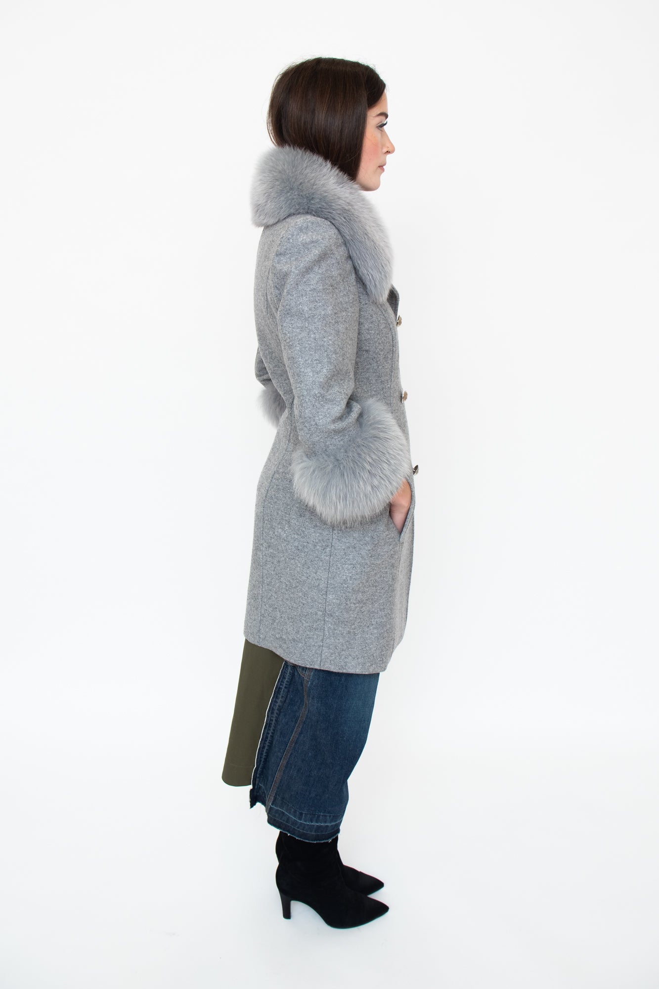 Grey Wool + Fur Peacoat