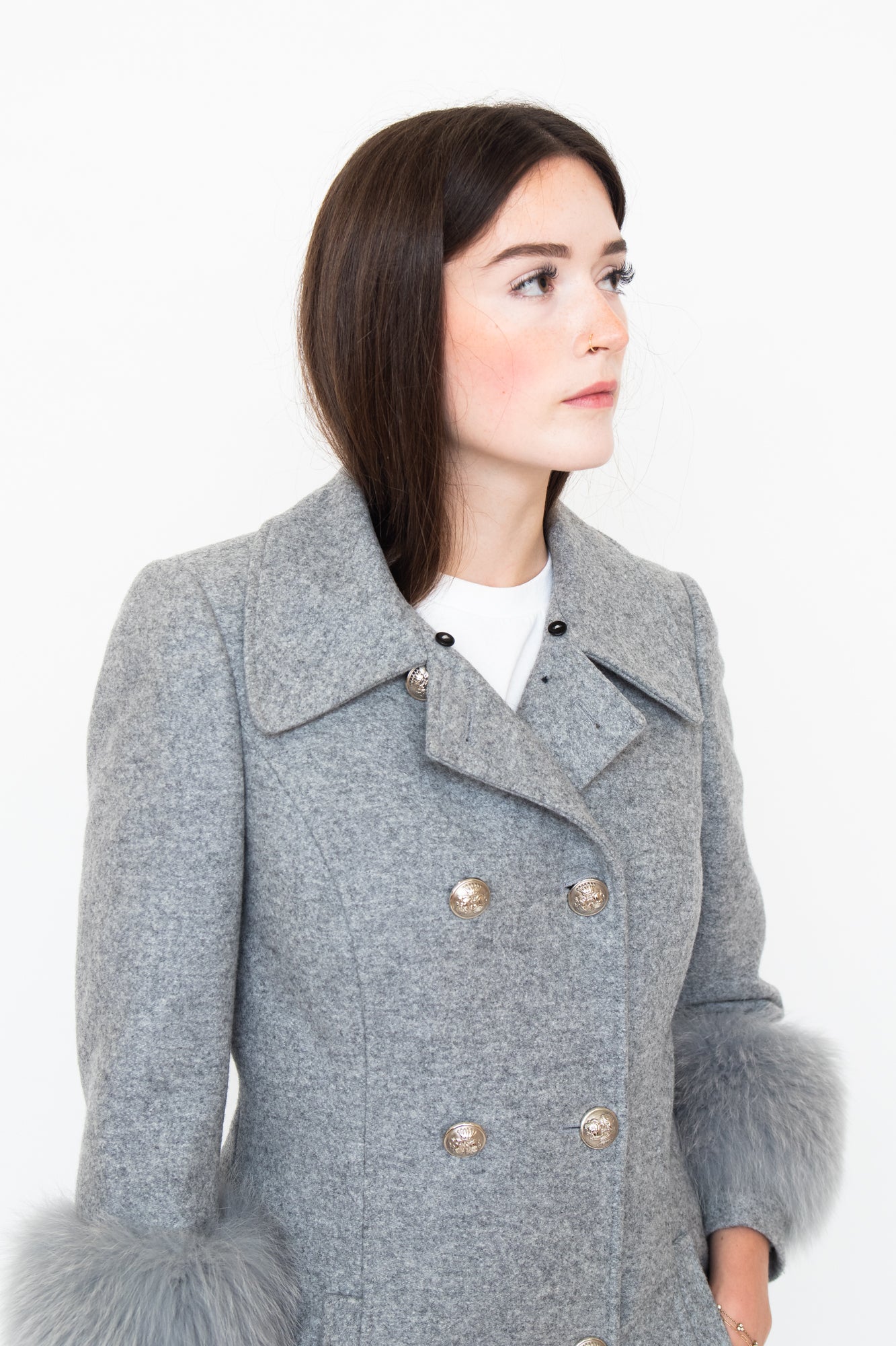 Grey Wool + Fur Peacoat