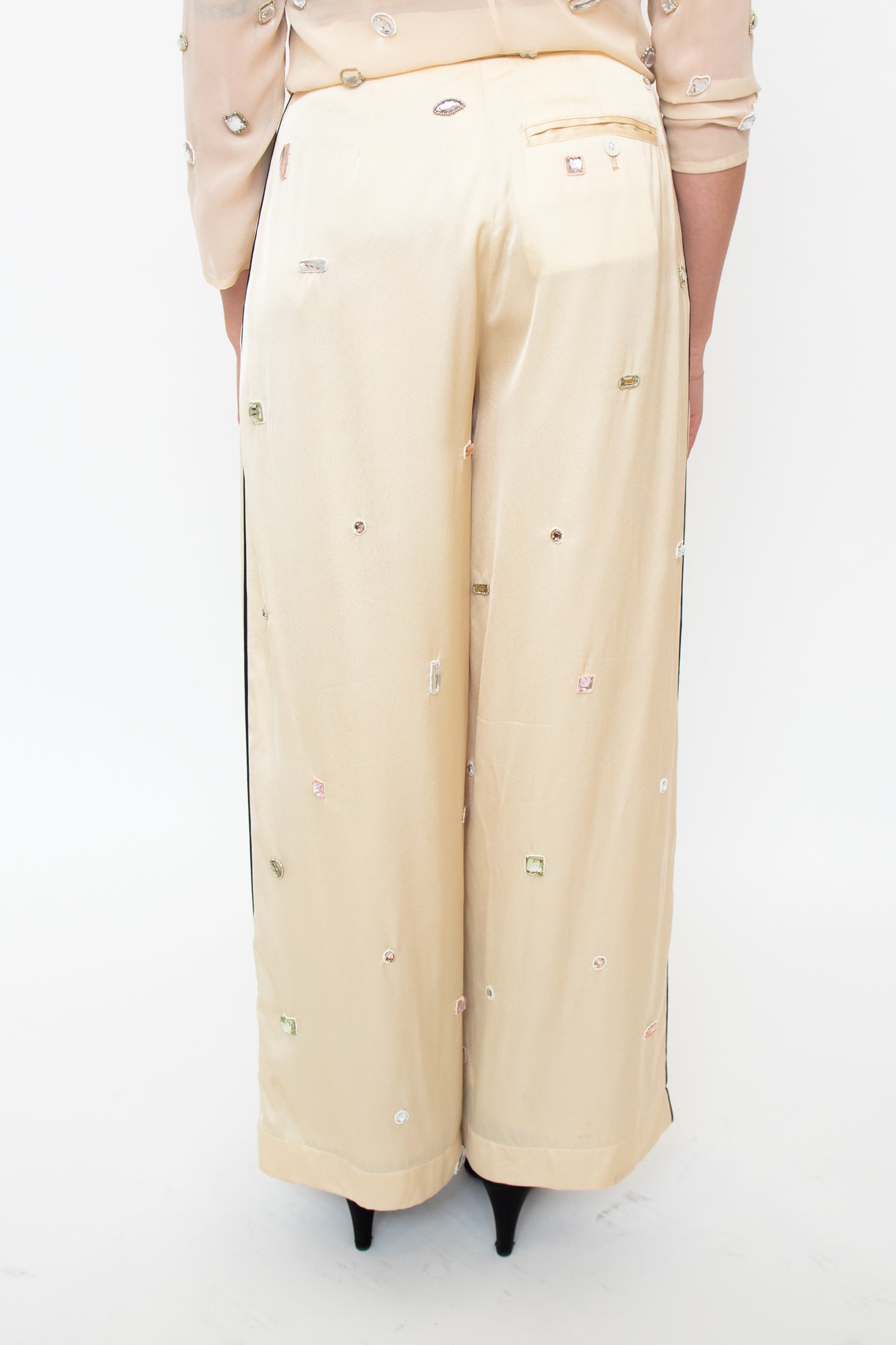 Cream Rhinestone Beaded Pant