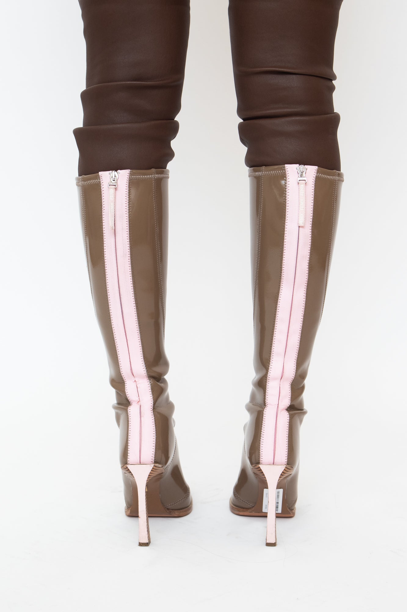 Tan Patent Leather Pink Zip Up Knee High Boots