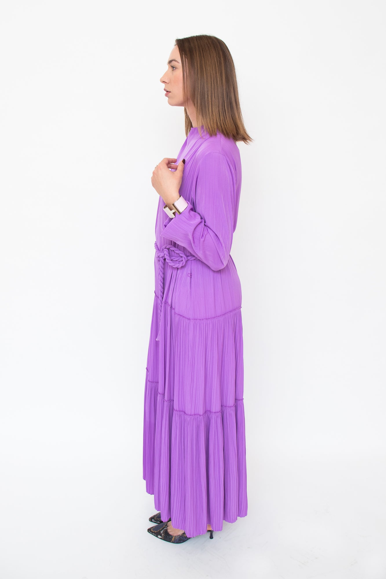 Purple Quarter Button Up Dress Rope Tie