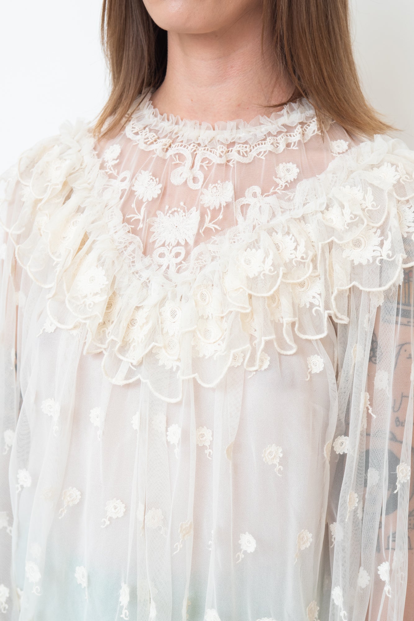 Sheer Ruffle Cream Embroidered Top With Under Tank