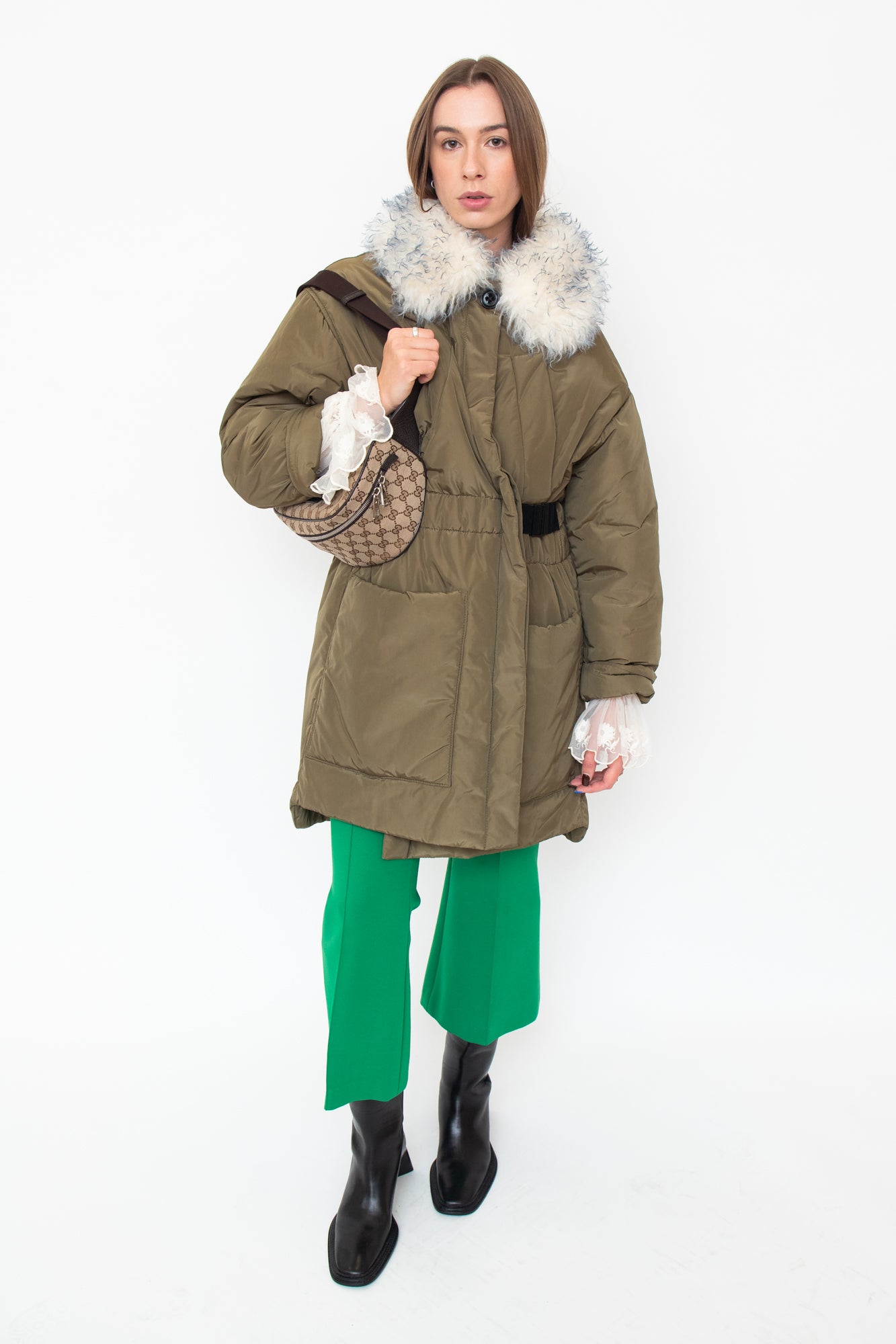 Long Army Green Parka W/ White Fur Collar