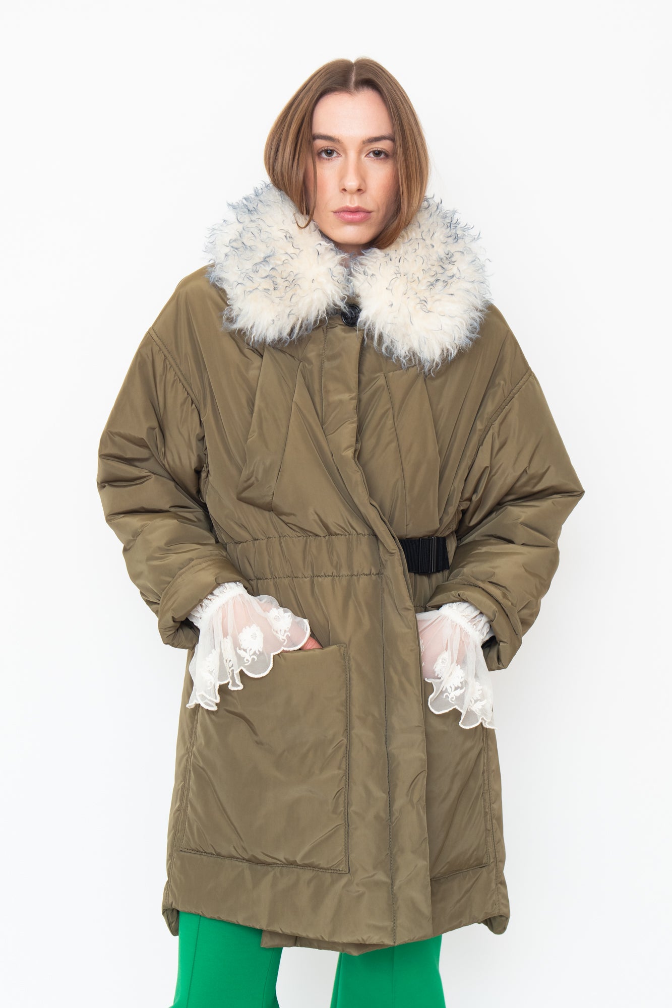 Long Army Green Parka W/ White Fur Collar