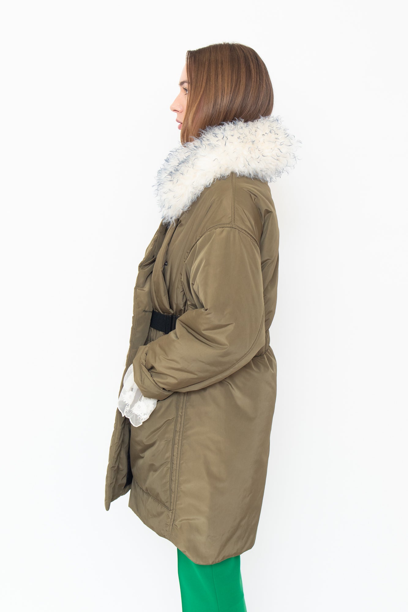 Long Army Green Parka W/ White Fur Collar