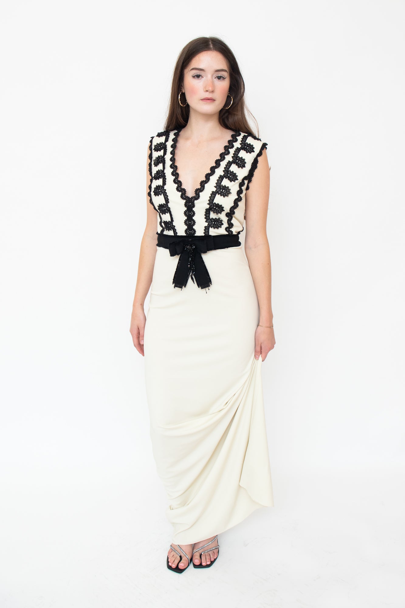 Jersey Sleeveless Gown with Lace Trim