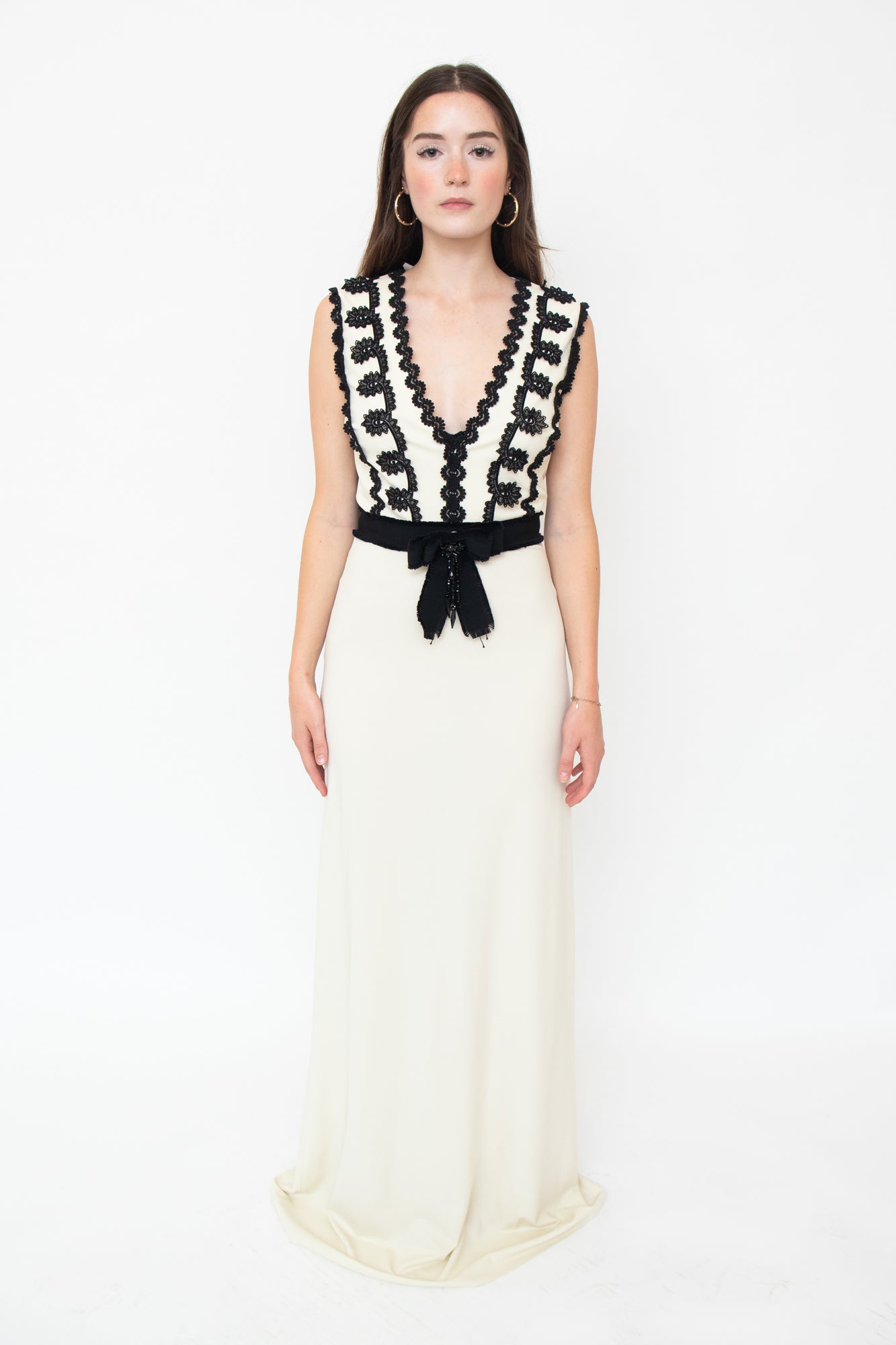 Jersey Sleeveless Gown with Lace Trim