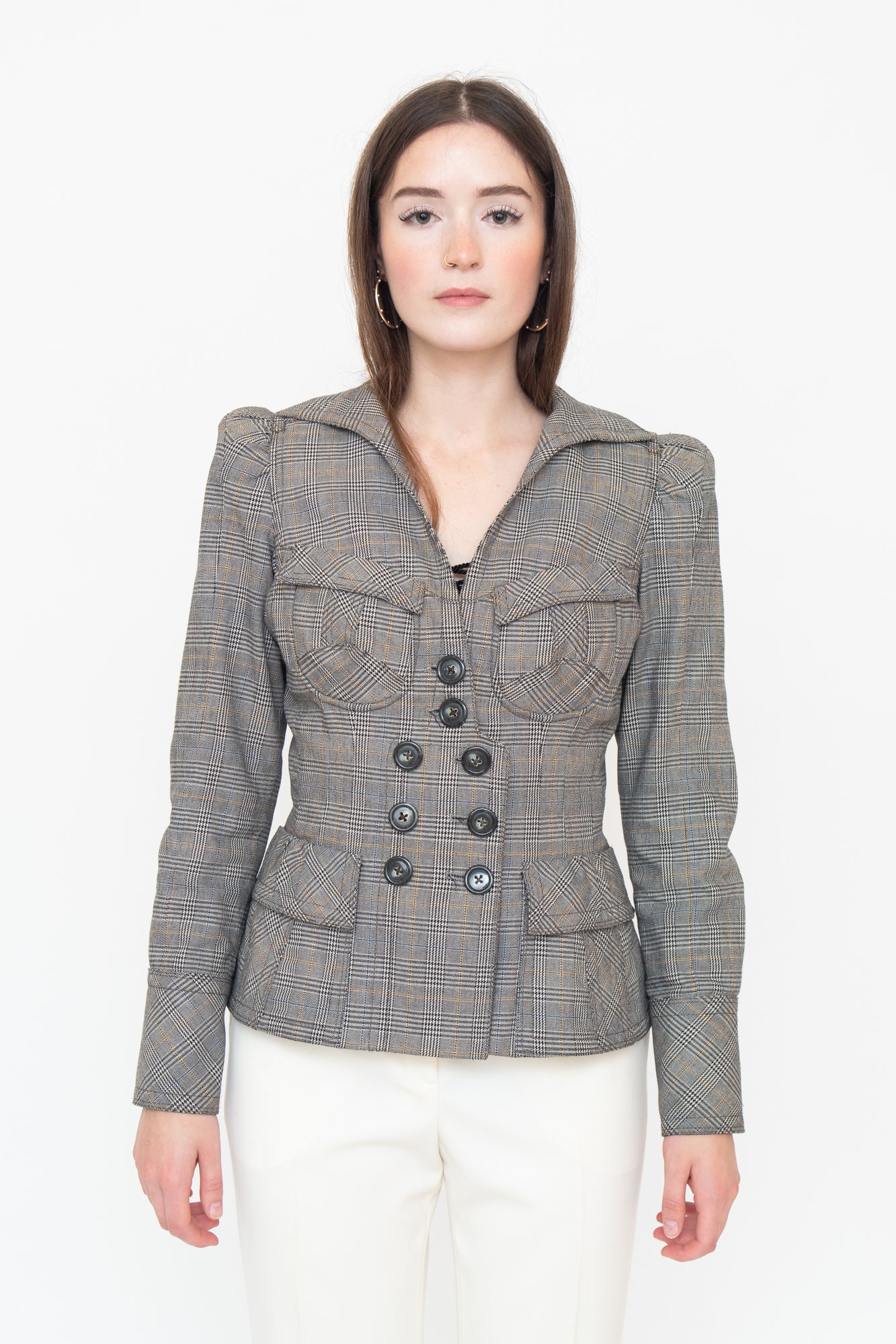 Pocketed Grey Plaid Blazer