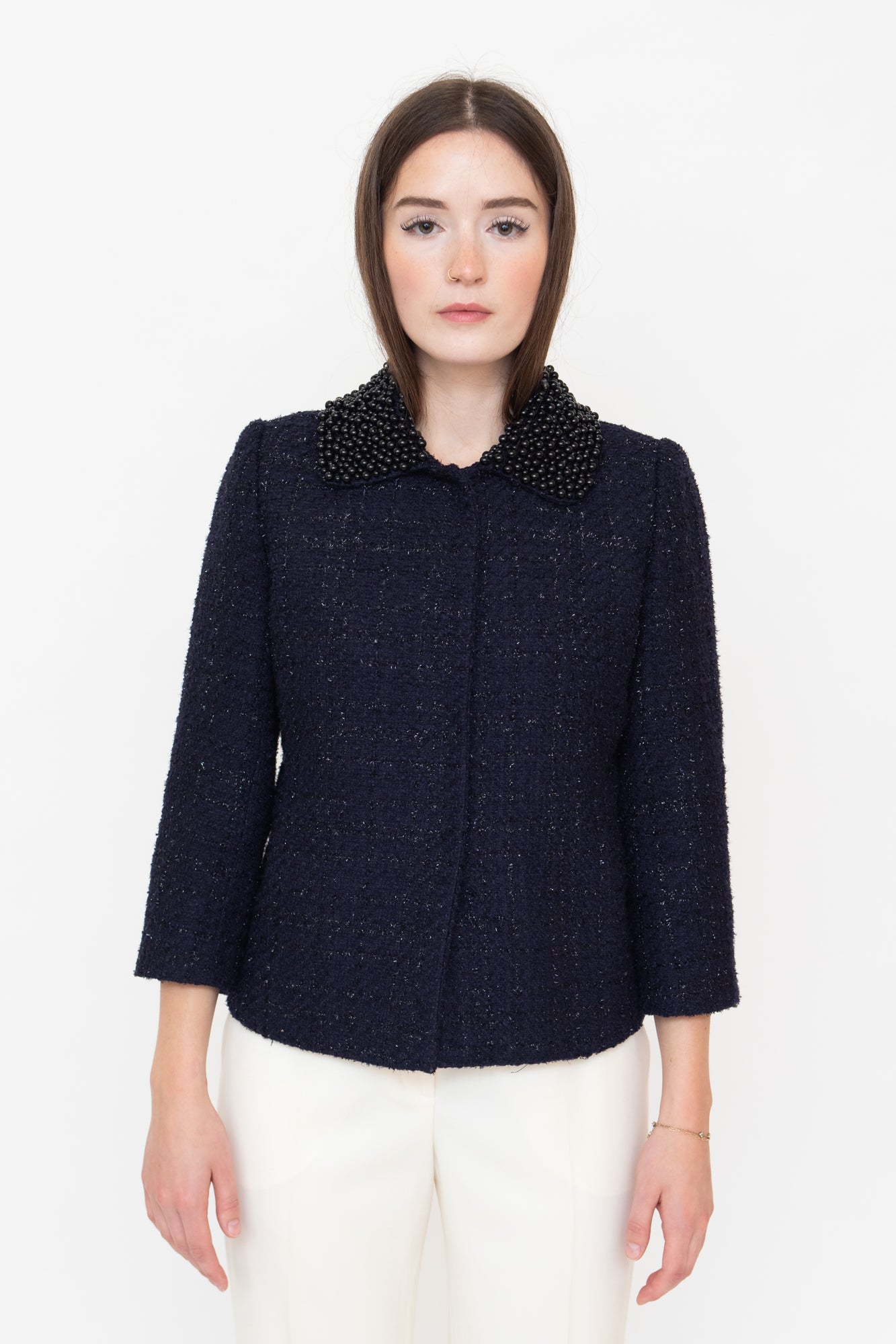 Navy Sparkle Blazer Beaded Collar