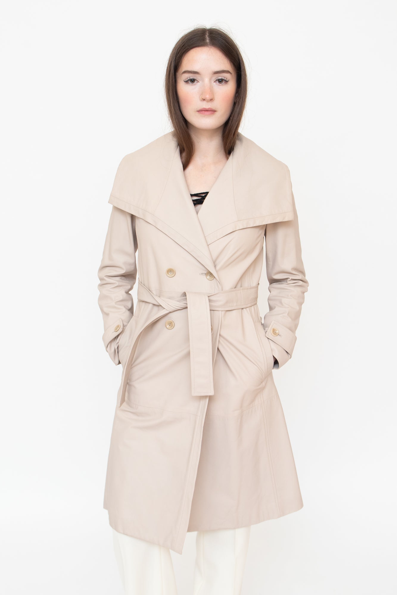 Beige Wide Collar Leather Trench Coat