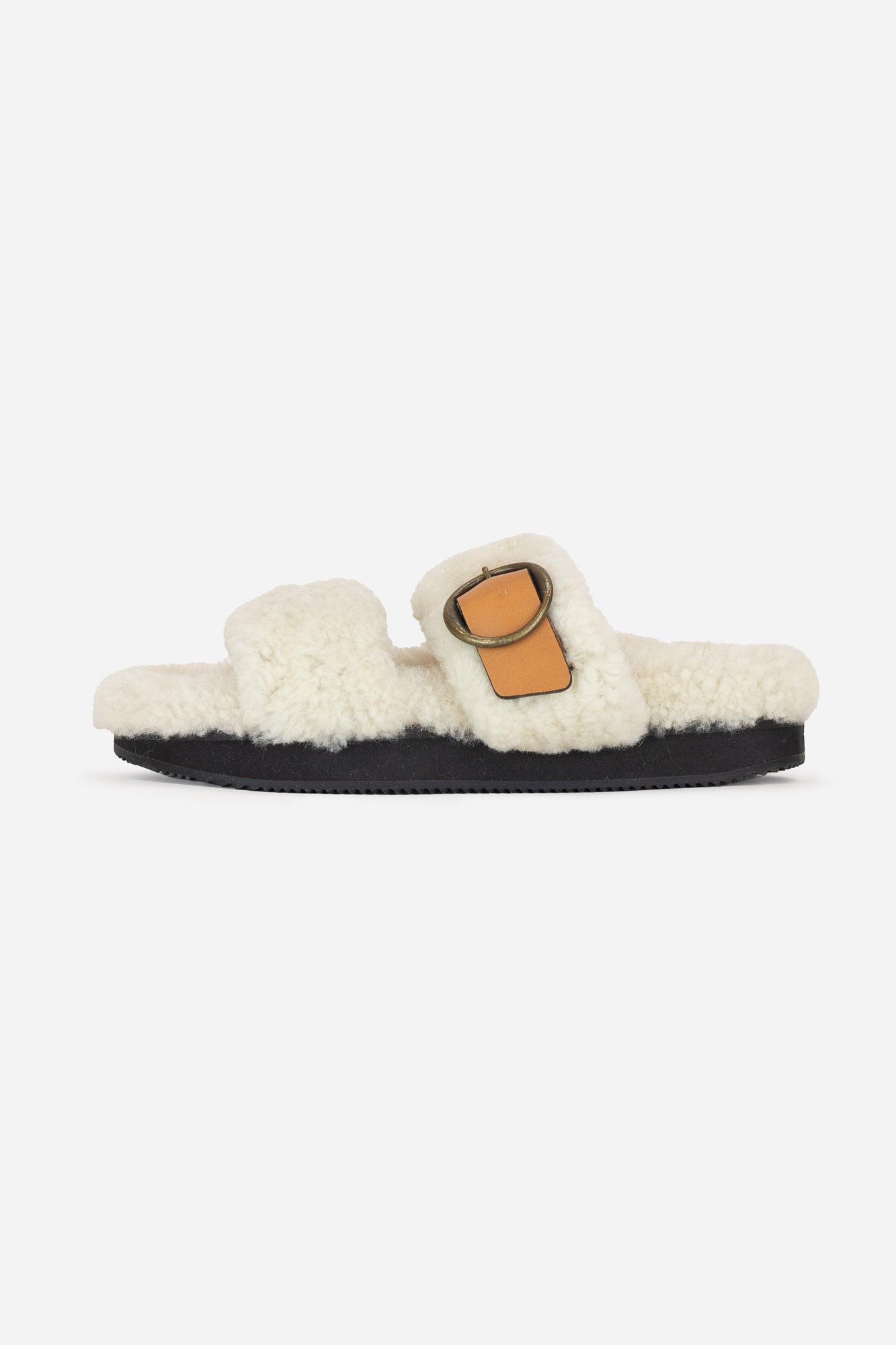 Cream Sherpa Brown Buckle Sandals