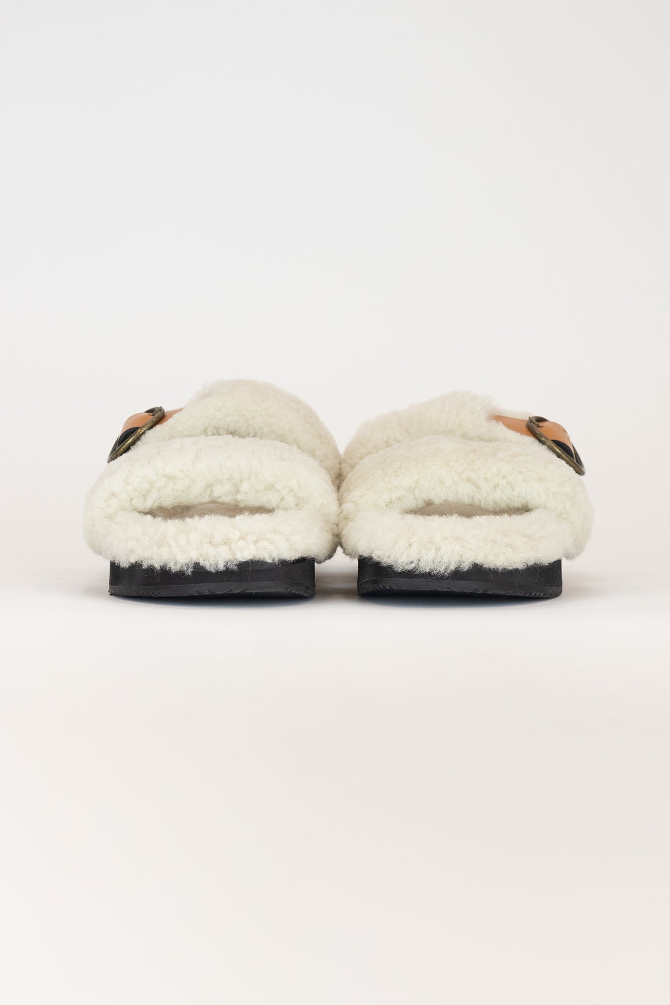 Cream Sherpa Brown Buckle Sandals