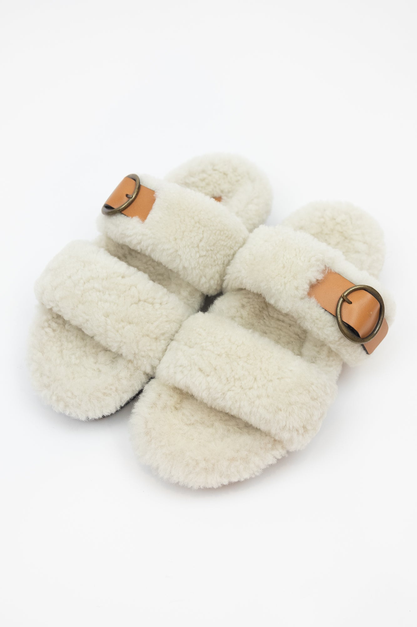 Cream Sherpa Brown Buckle Sandals