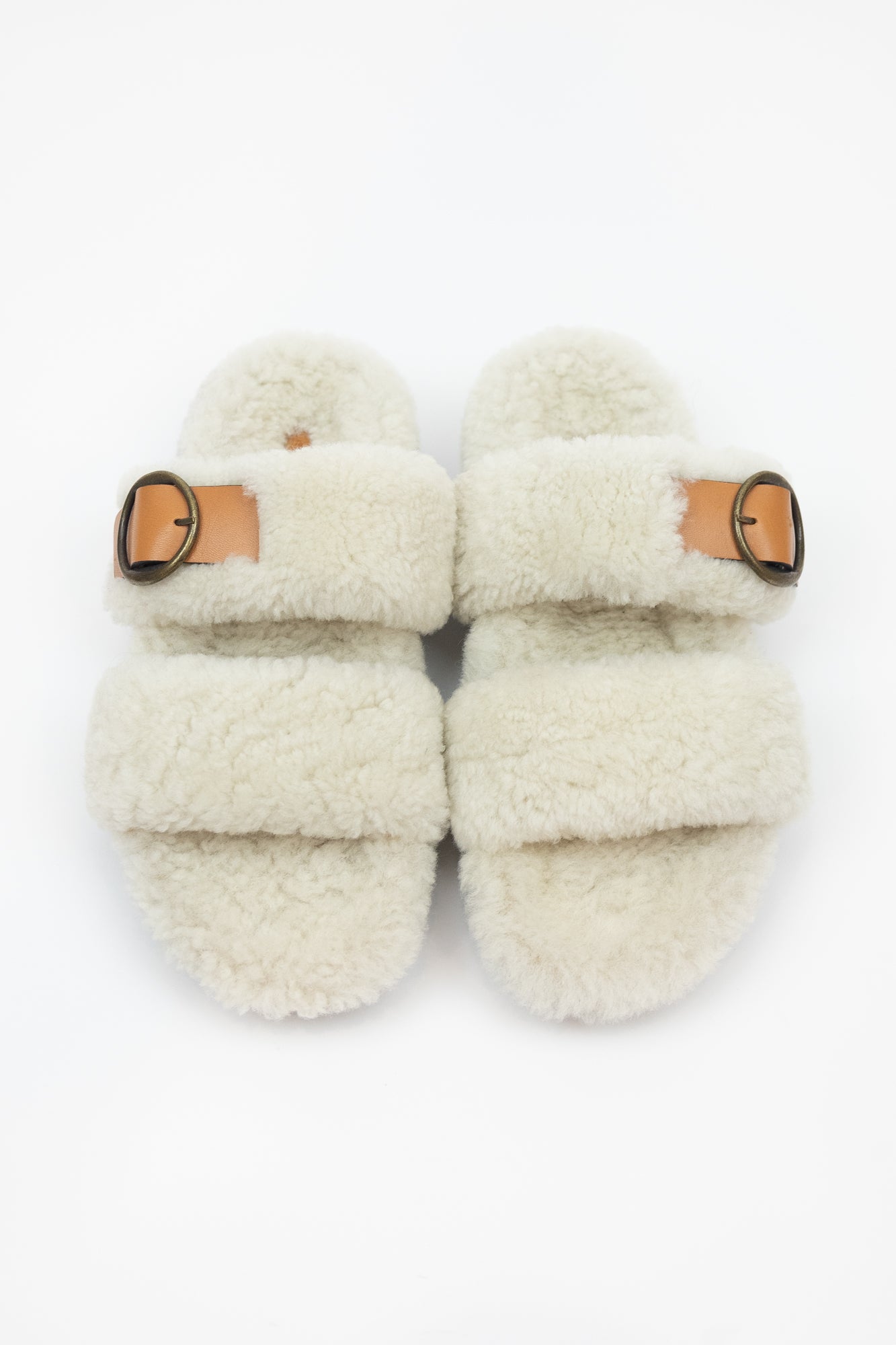 Cream Sherpa Brown Buckle Sandals