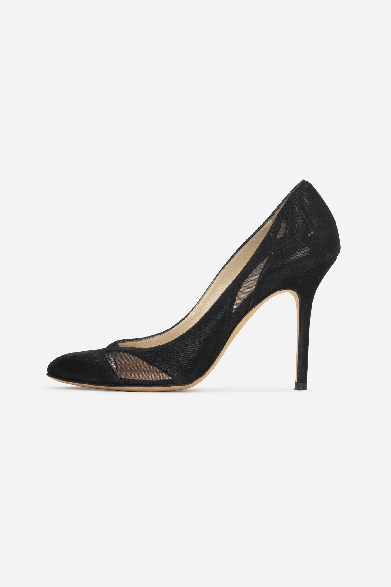 Black Suede Pumps with Mesh Cutouts