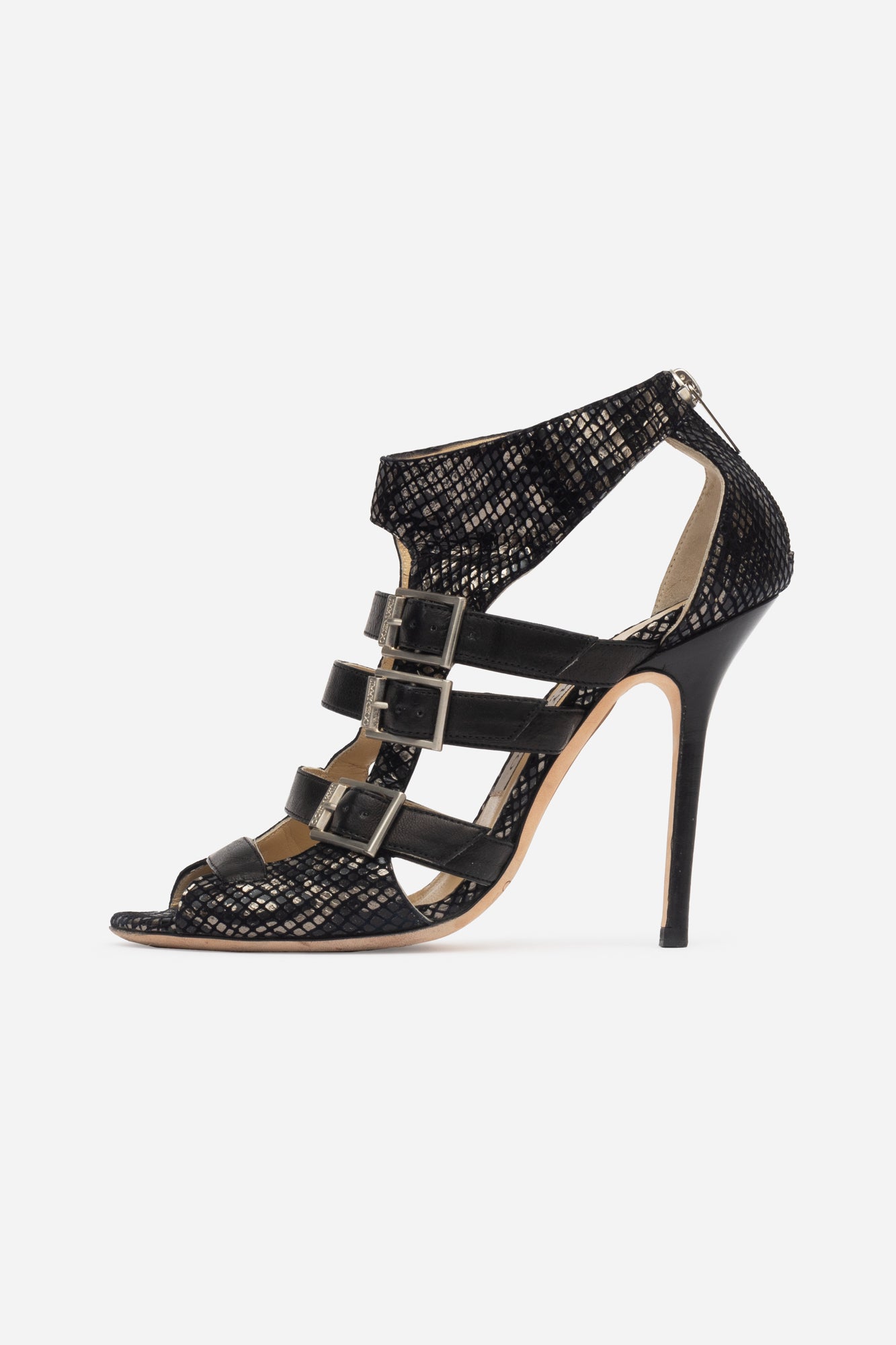 Metallic Black Snake Skin Tri-Buckle Pumps