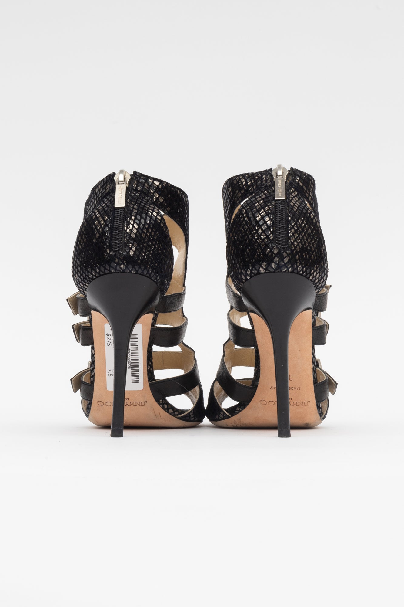 Metallic Black Snake Skin Tri-Buckle Pumps