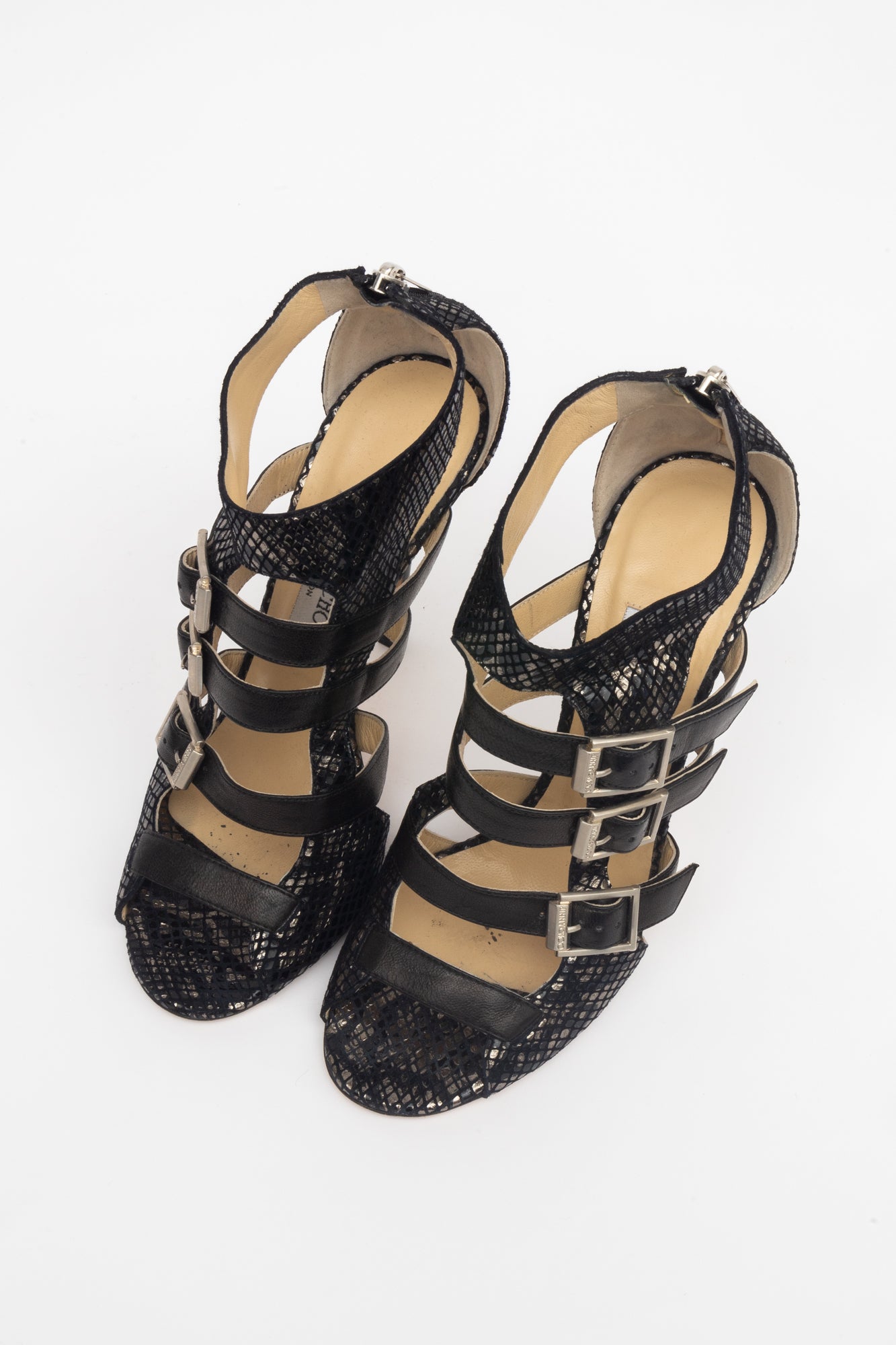 Metallic Black Snake Skin Tri-Buckle Pumps