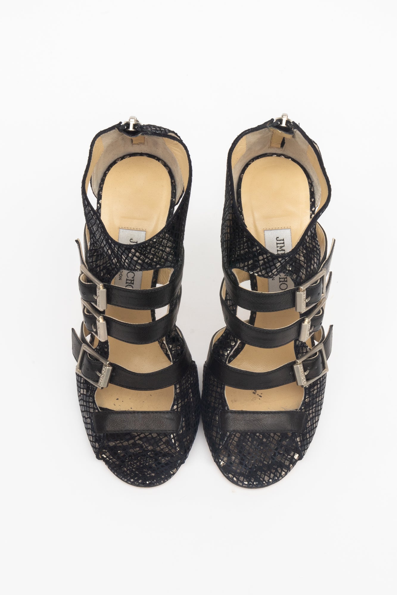 Metallic Black Snake Skin Tri-Buckle Pumps