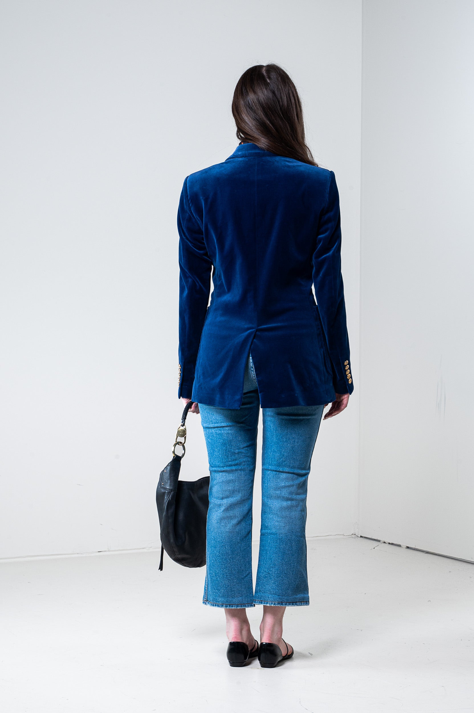 Blue Velvet Blazer with Gold buttons
