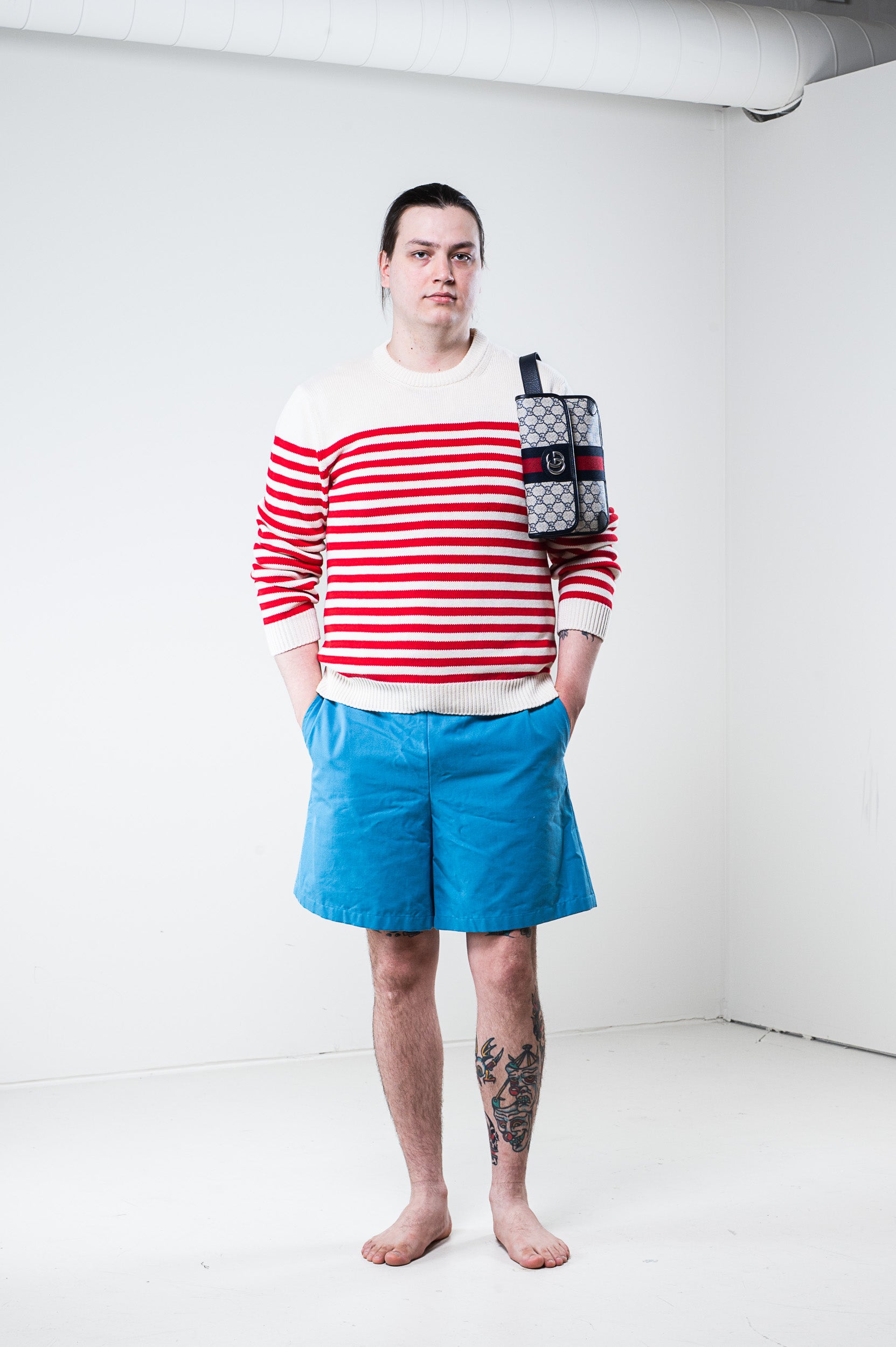 Blue Embroidered Cotton Shorts
