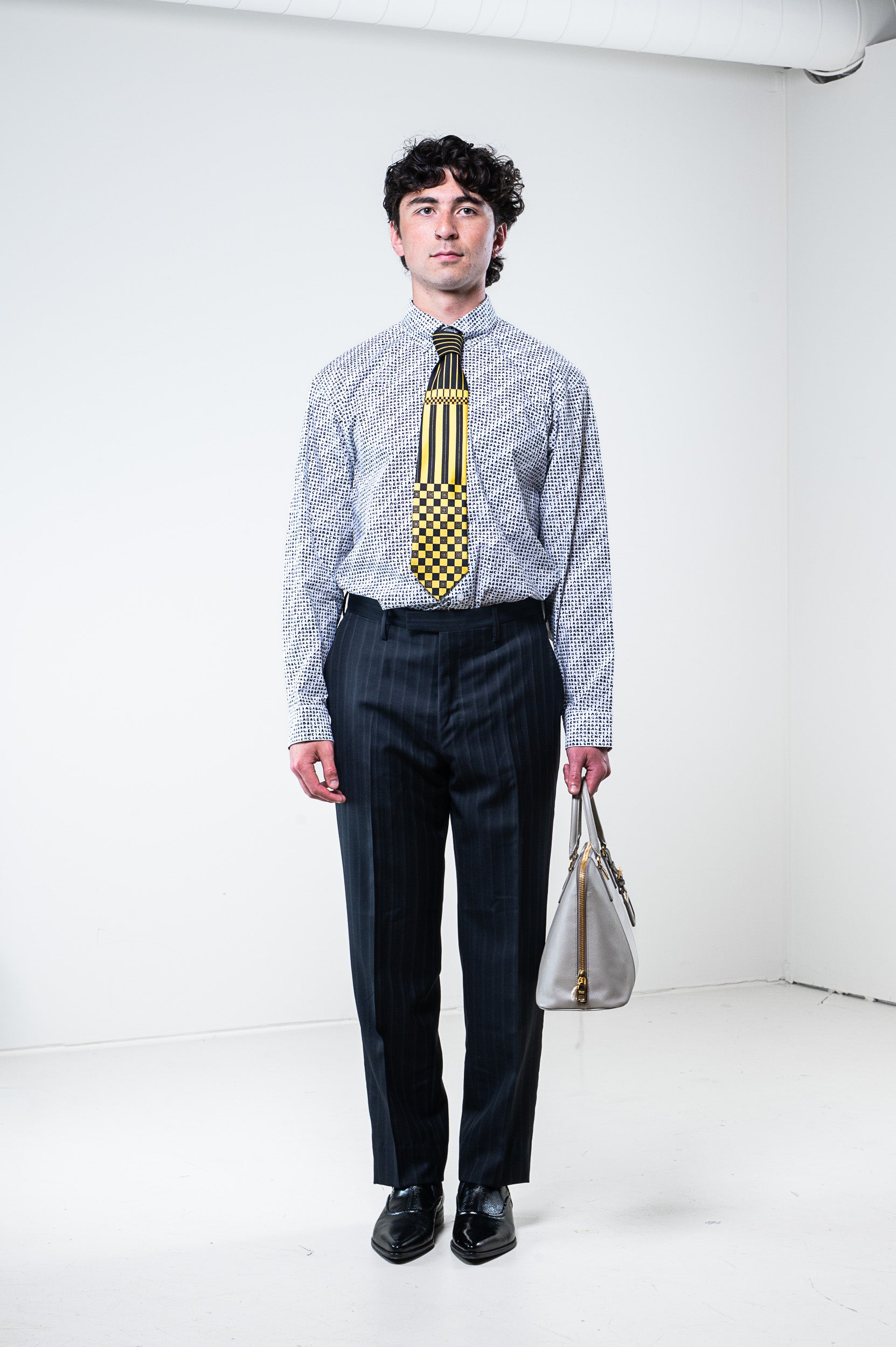 Model wearing Gianni Versace Vintage Yellow Square Tie – front view