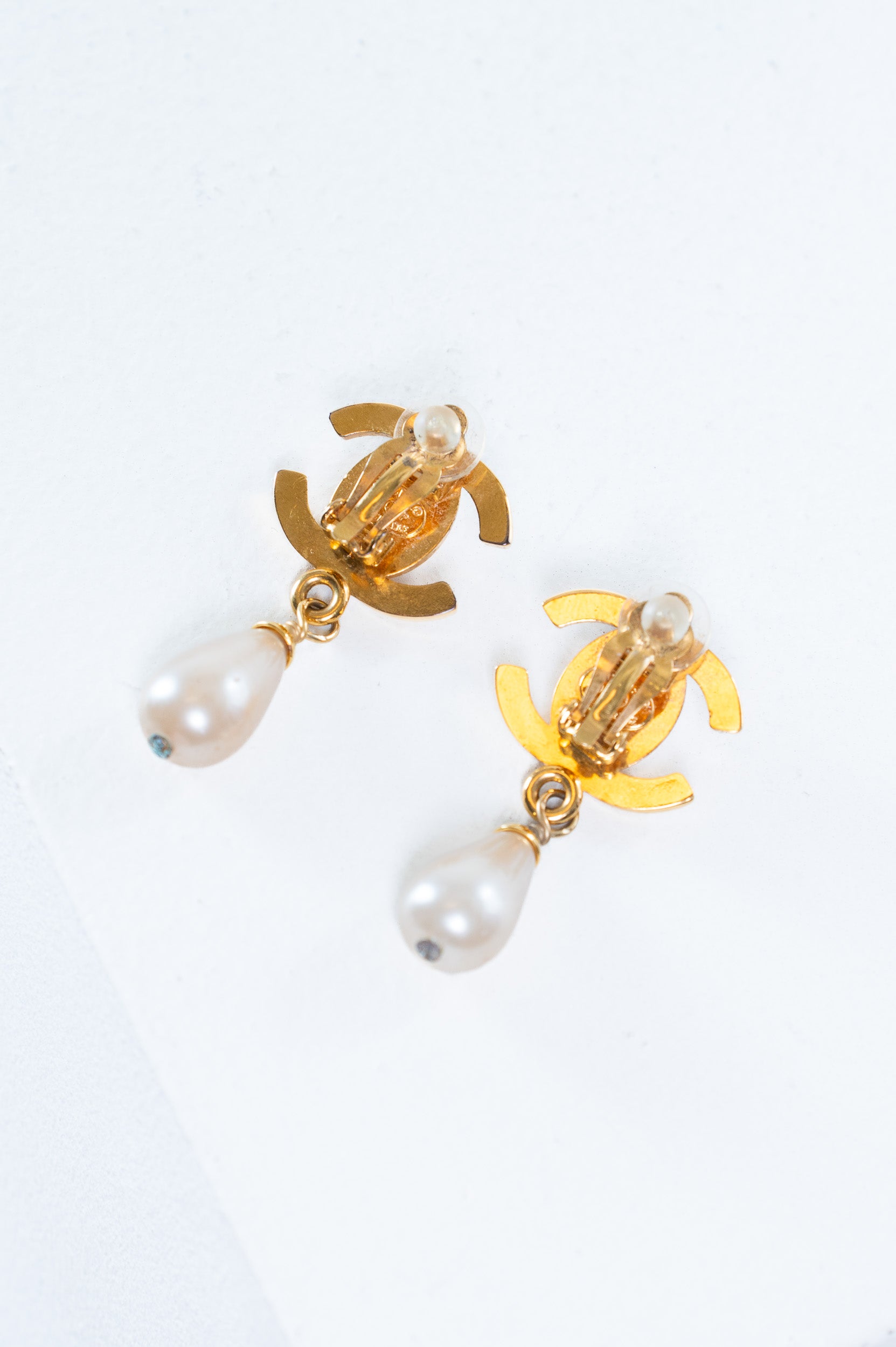 Back view of Chanel Vintage CC Turnlock Pearl Drop Clip On Earrings