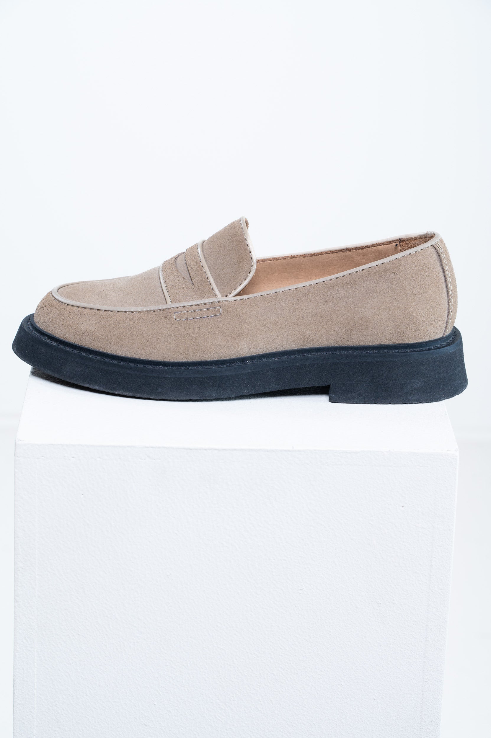Side view of A.P.C. Tan Suede Gael Loafers