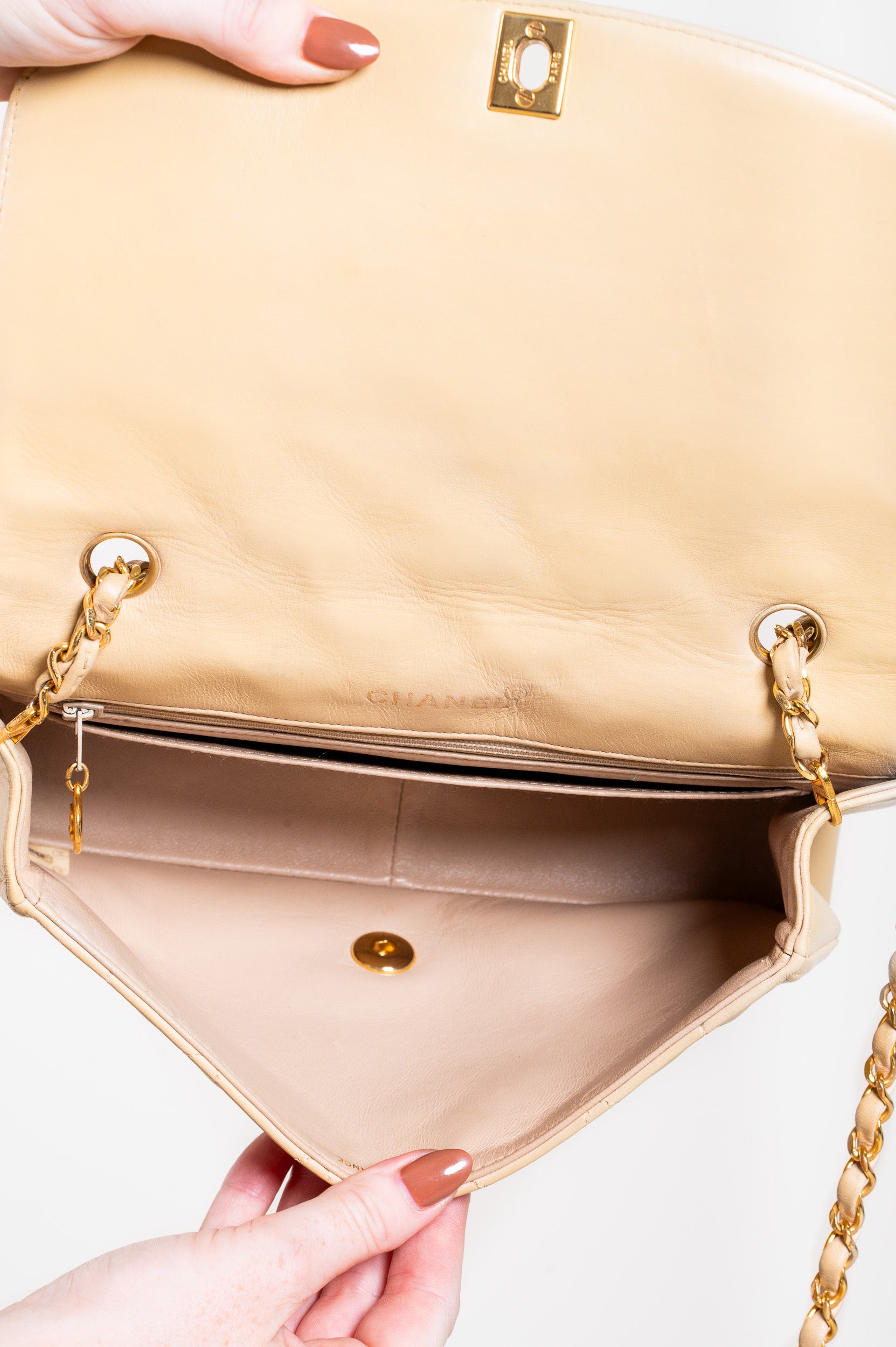 Inside view of Chanel Vintage Small Beige Lambskin Diana Flap Bag