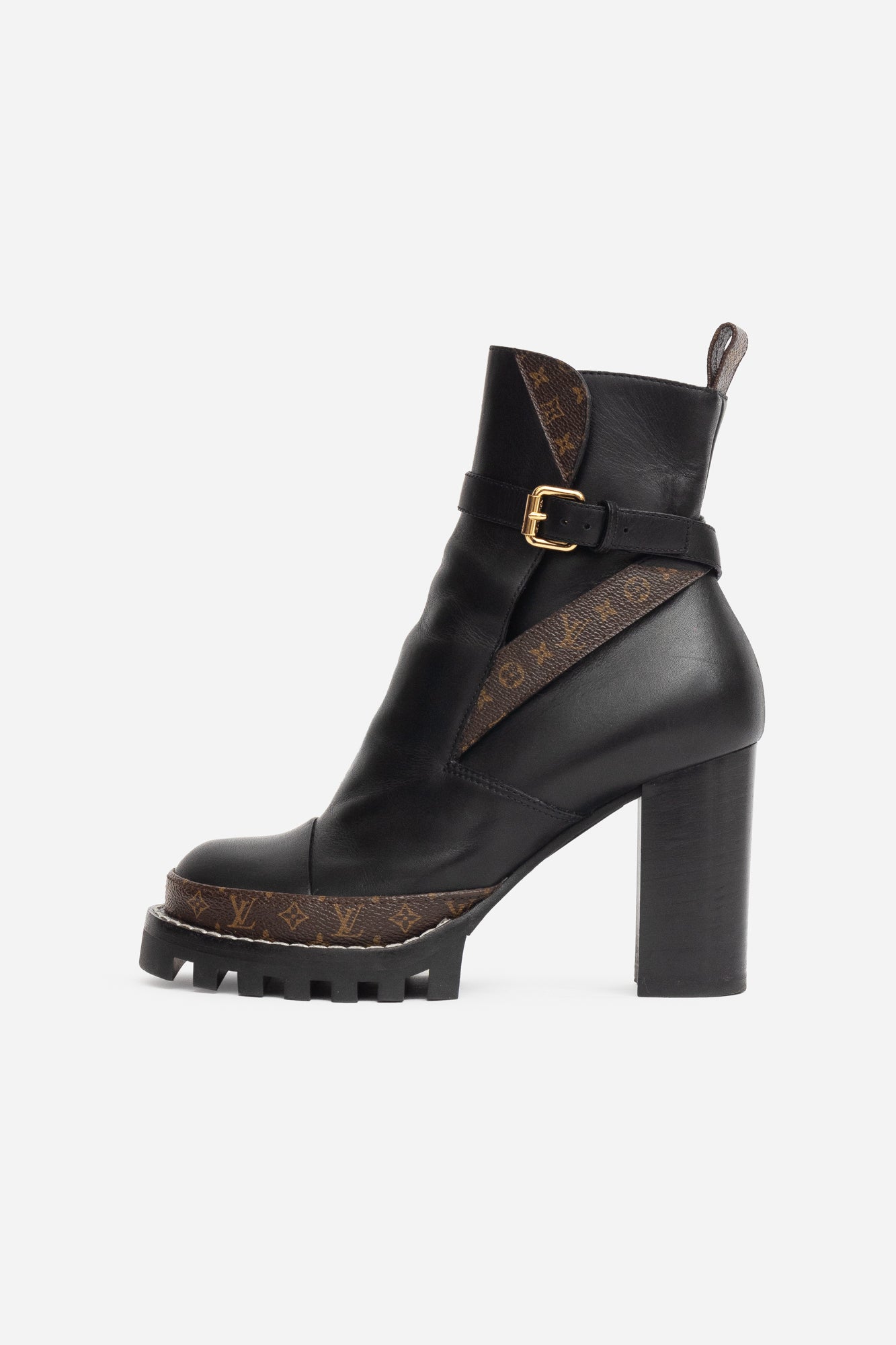 LV Monogram Black Leather Block Heel Boots